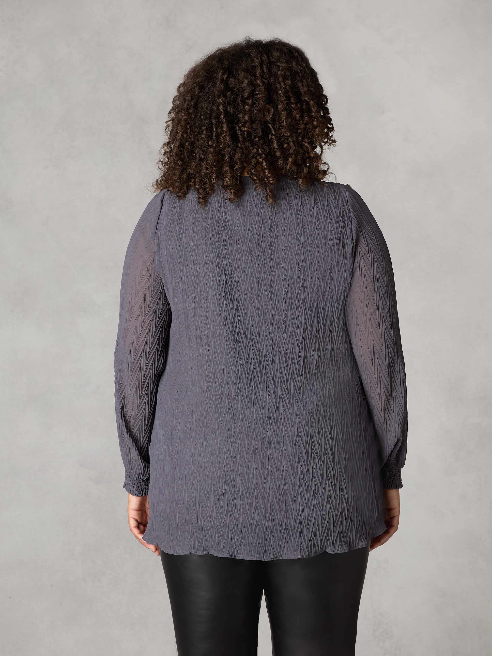 Grey Textured Rib Trim Blouse - Image 3