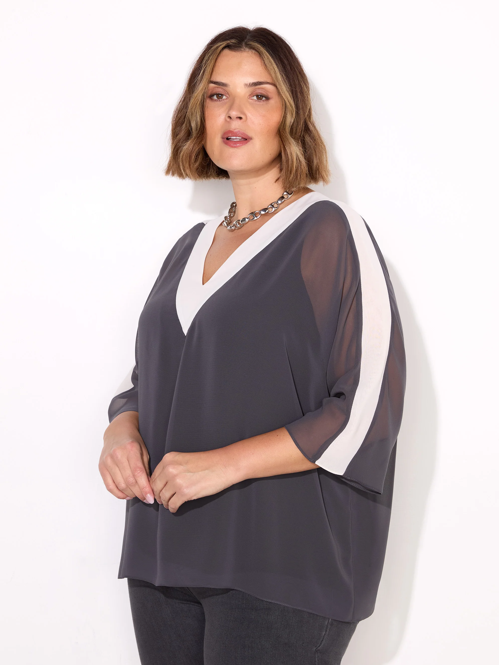 Grey V-Neck Colourblock Overlay Top - Image 2
