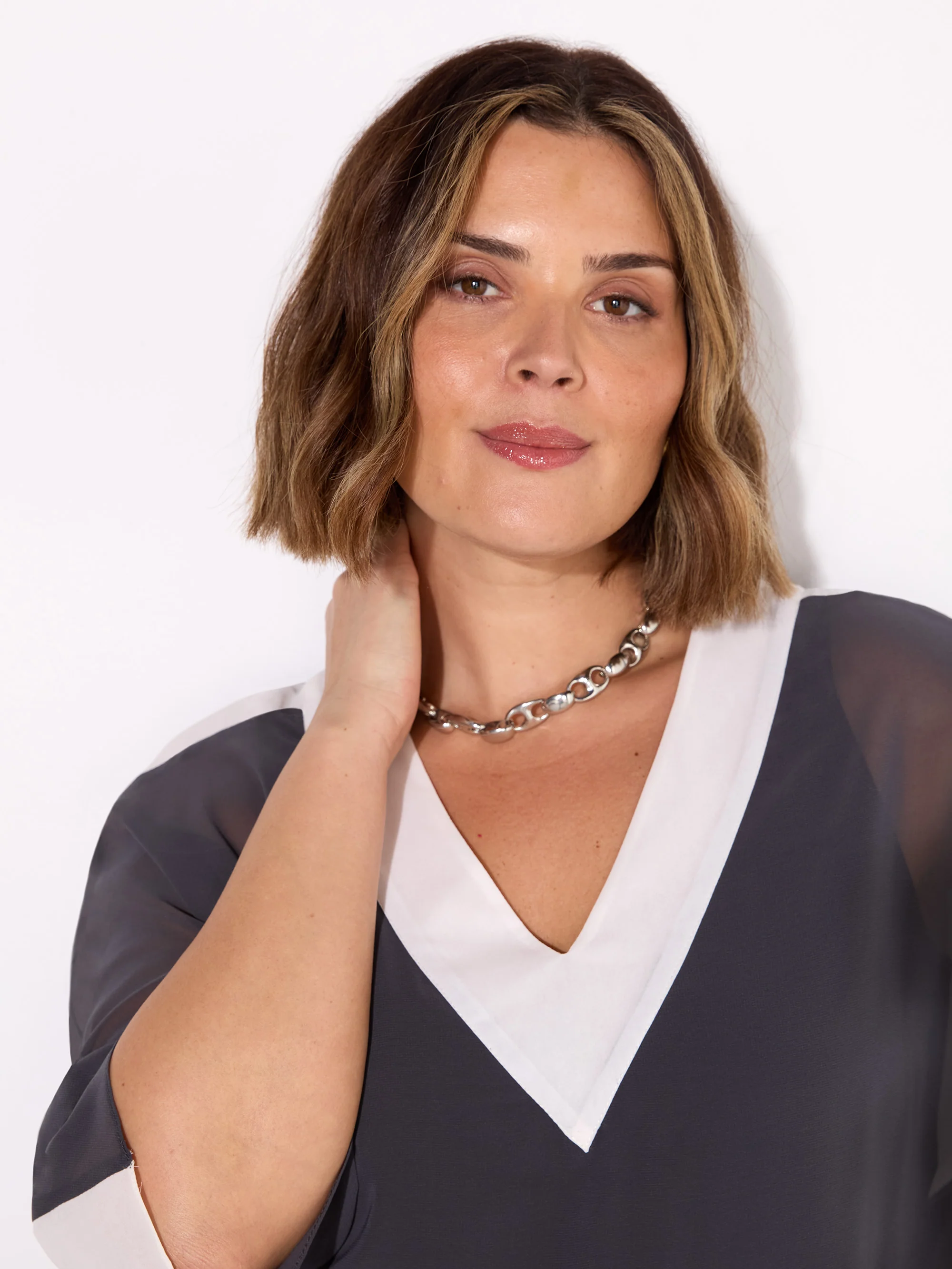 Grey V-Neck Colourblock Overlay Top - Image 3