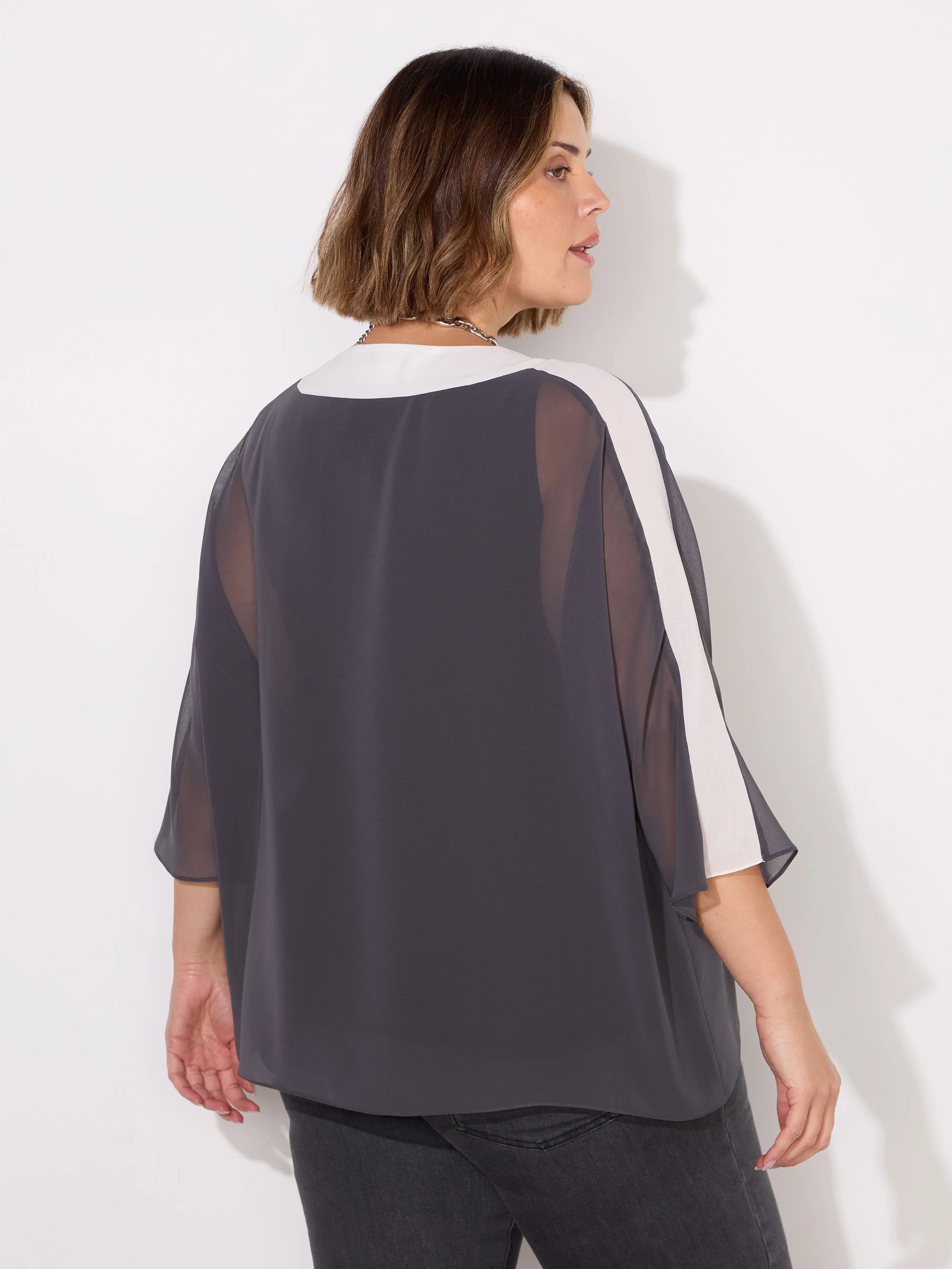 Grey V-Neck Colourblock Overlay Top - Image 4