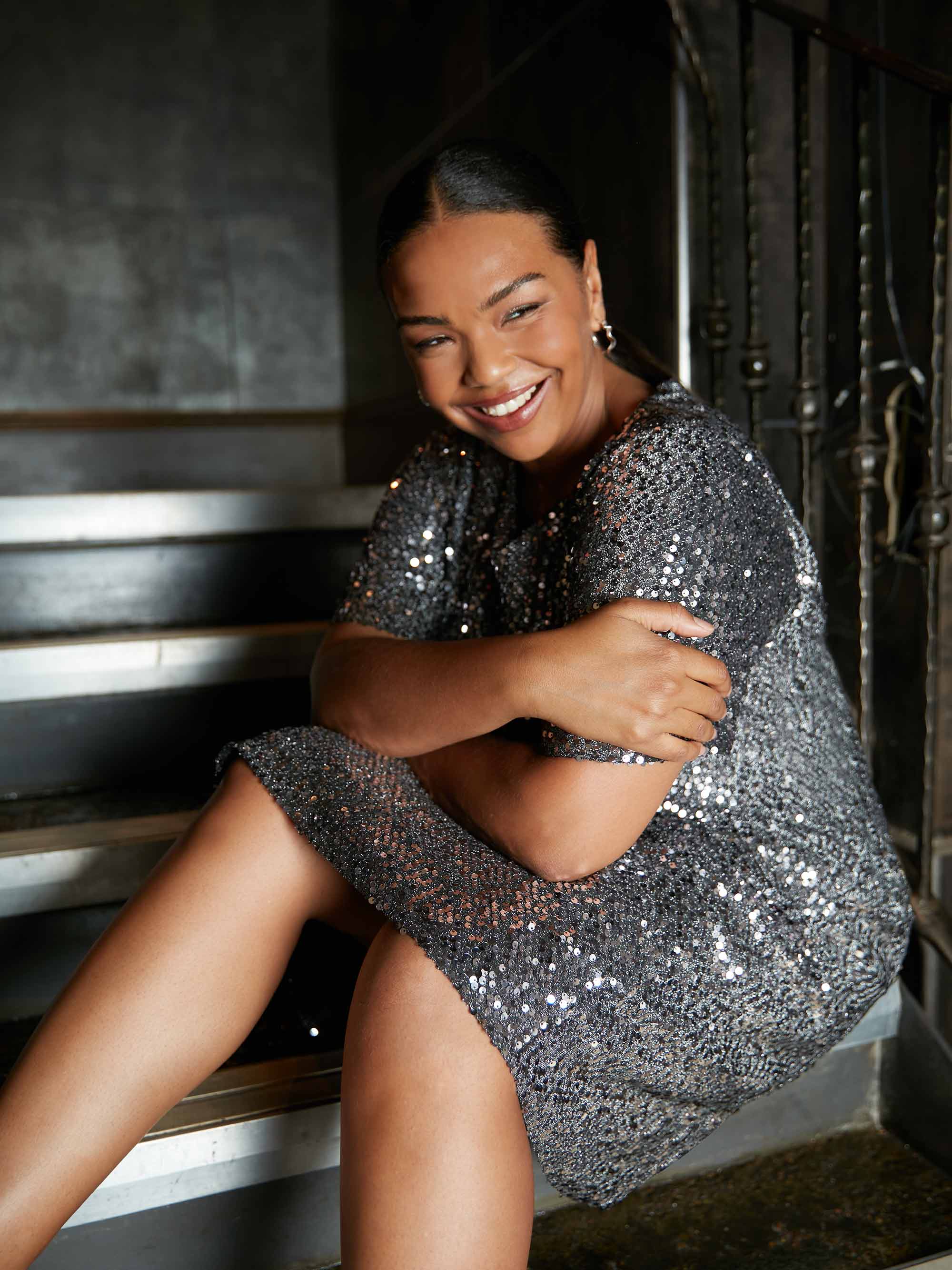 Silver Sequin Short Sleeve Dress - Image 3