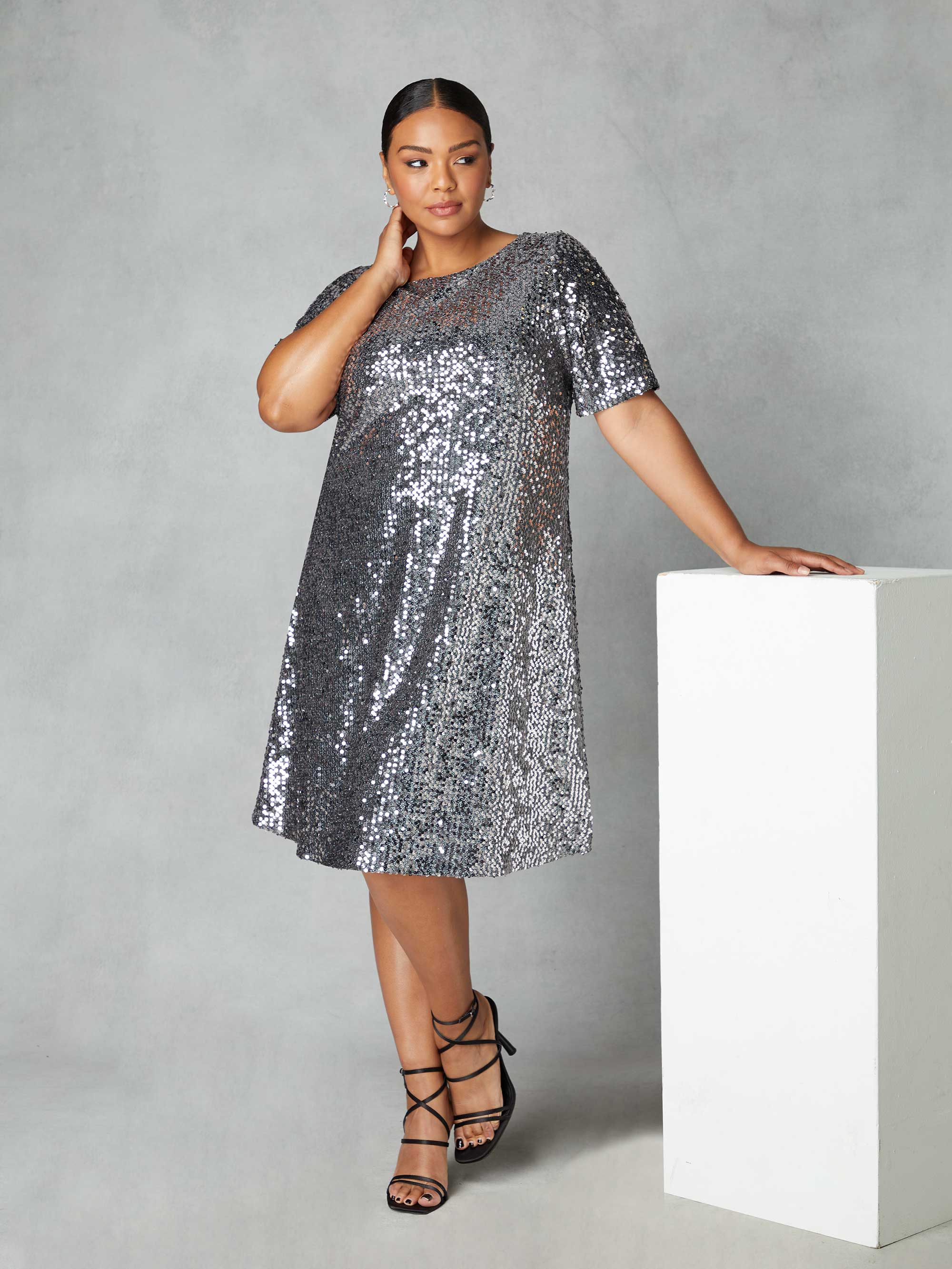 Silver Sequin Short Sleeve Dress - Image 6