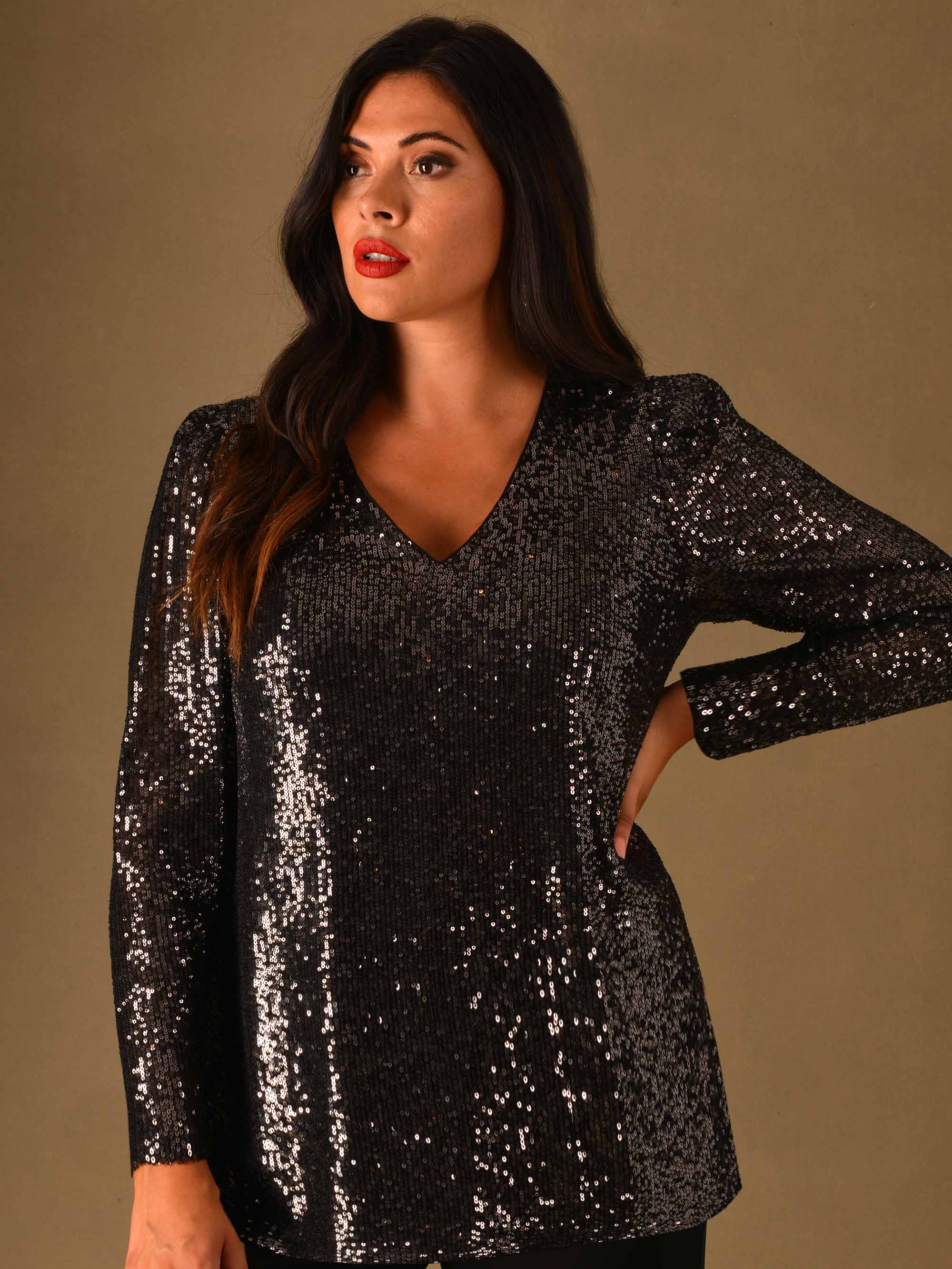 Gunmetal Puff Sleeve Sequin Top - Image 2