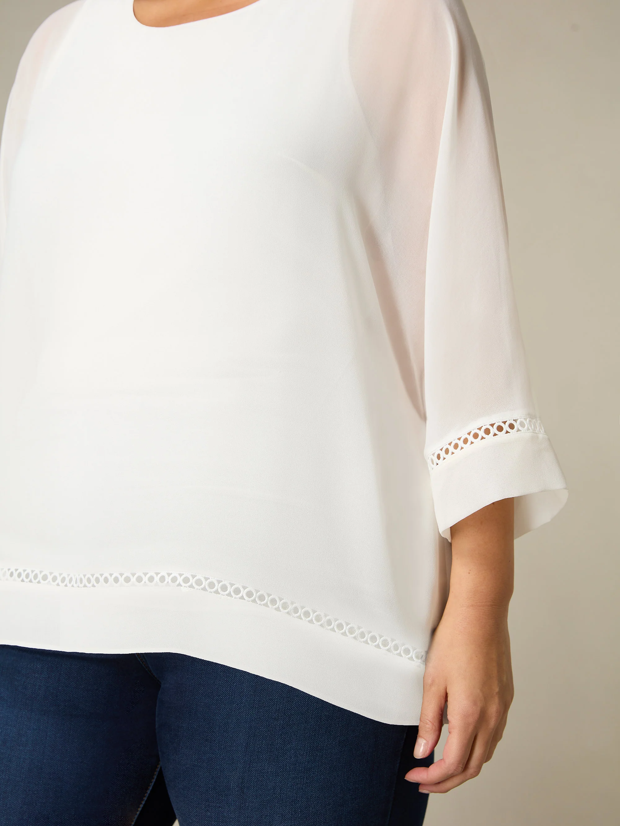 Ivory Chiffon Trim Insert Overlay Top - Image 2