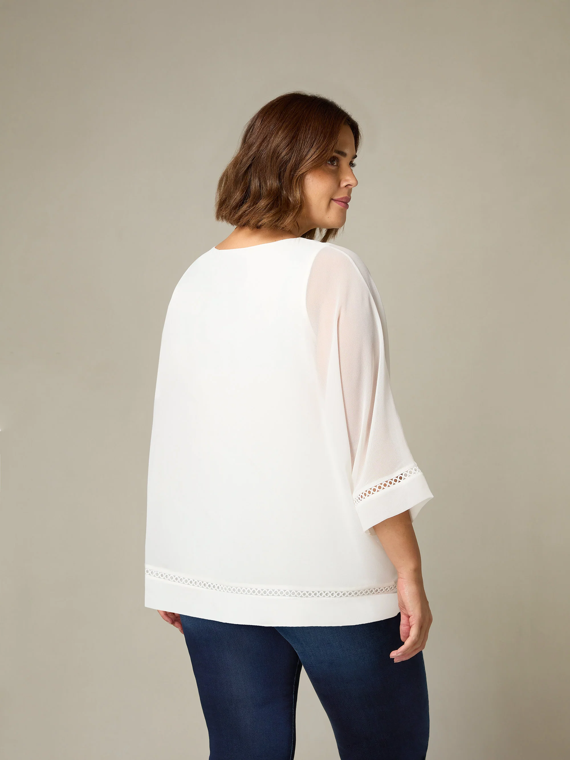 Ivory Chiffon Trim Insert Overlay Top - Image 3