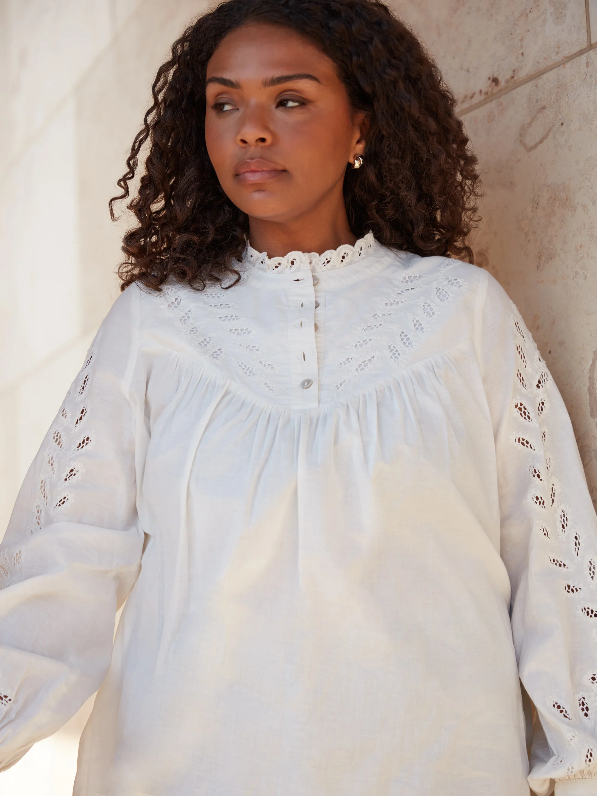 Ivory Cotton Cut Work Detail Blouse - Image 2