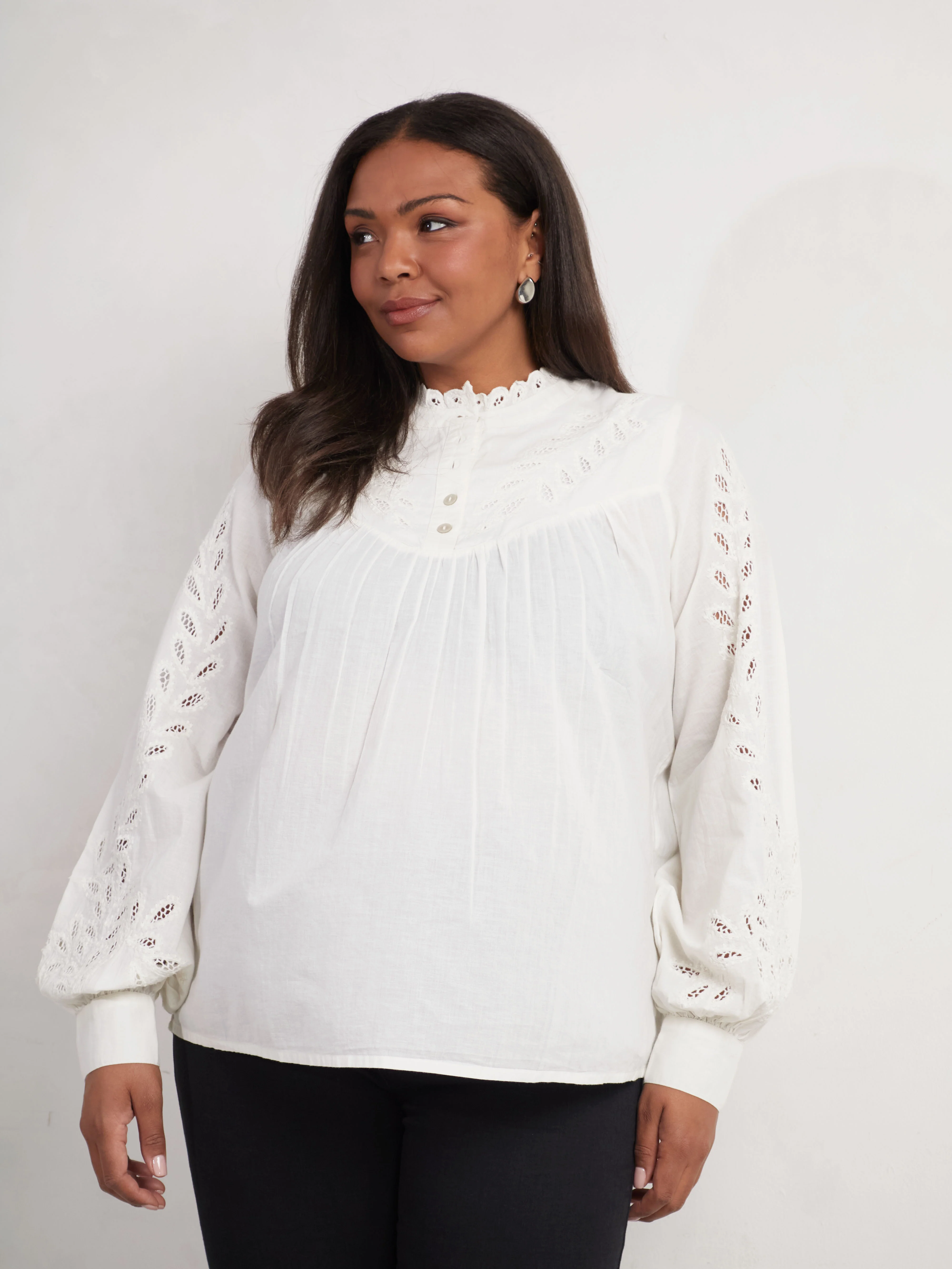 Ivory Cotton Cut Work Detail Blouse - Image 3