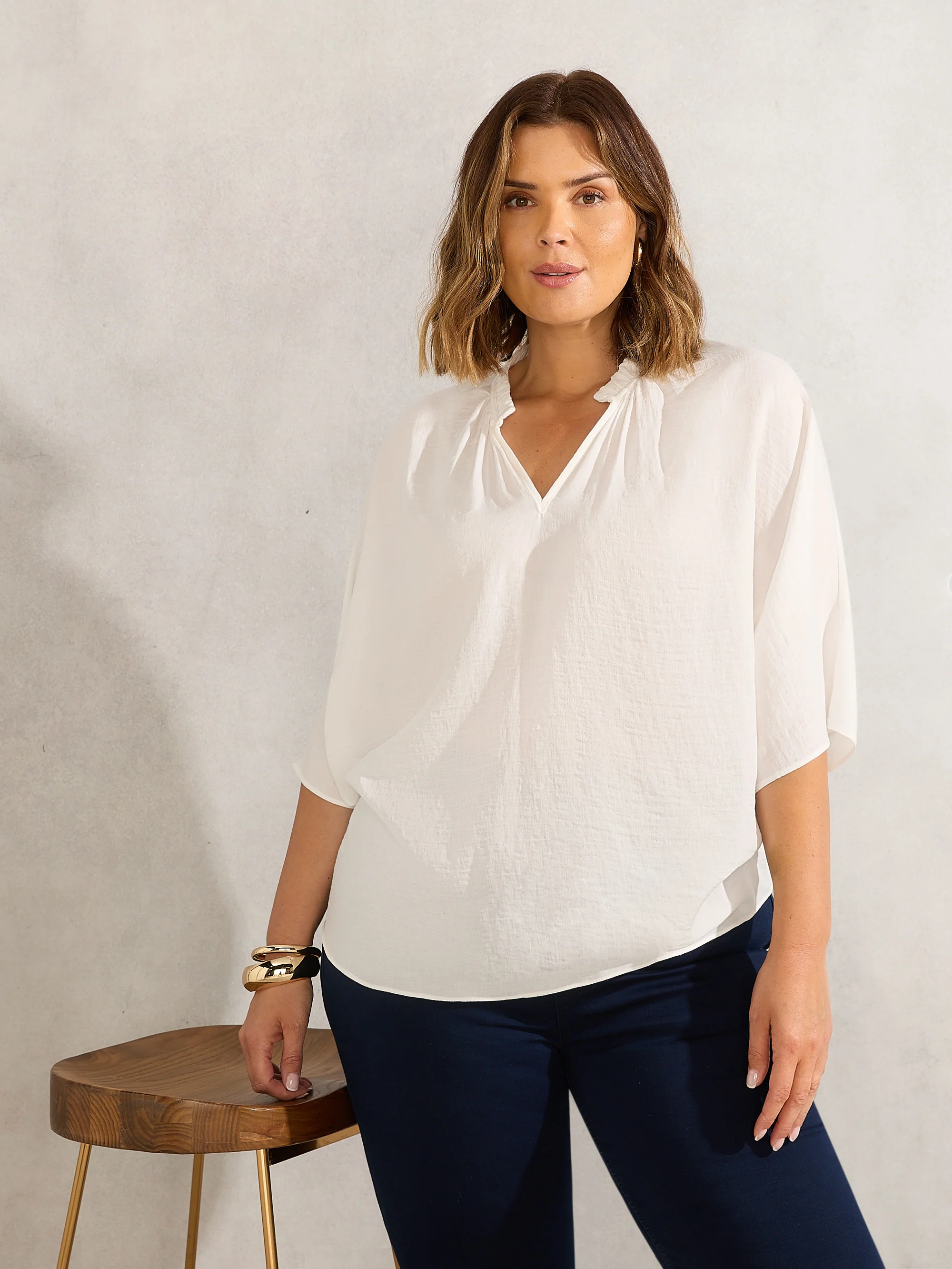Ivory Dolman Sleeve Gathered Neck Top - Image 2