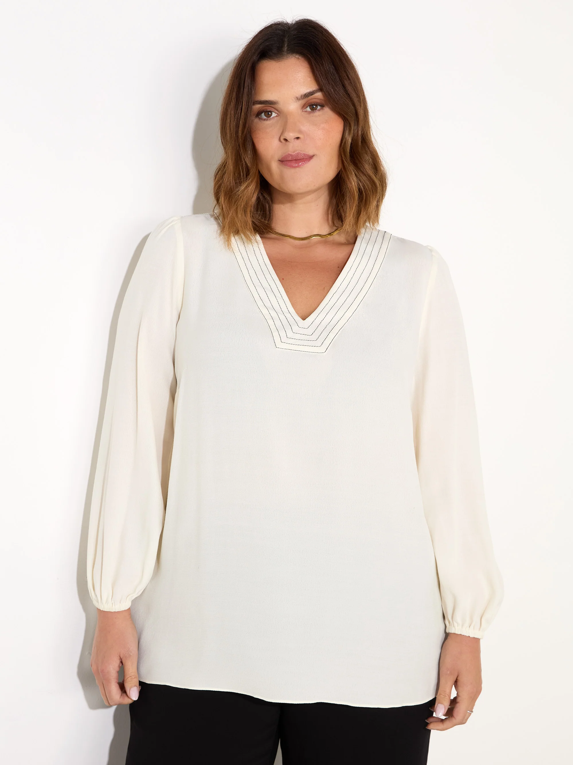 Ivory V-Neck Contrast Stitch Blouse - Image 2