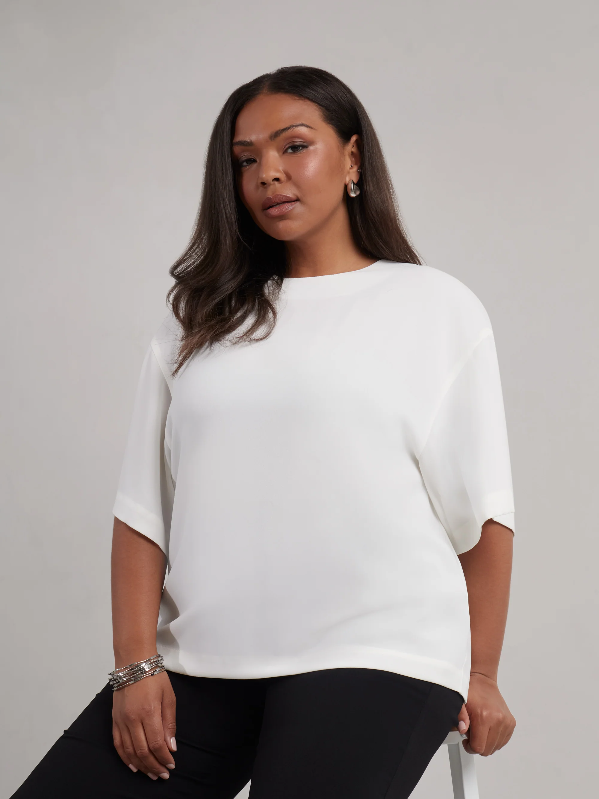 Ivory Woven Crepe Elevated T-Shirt - Image 4