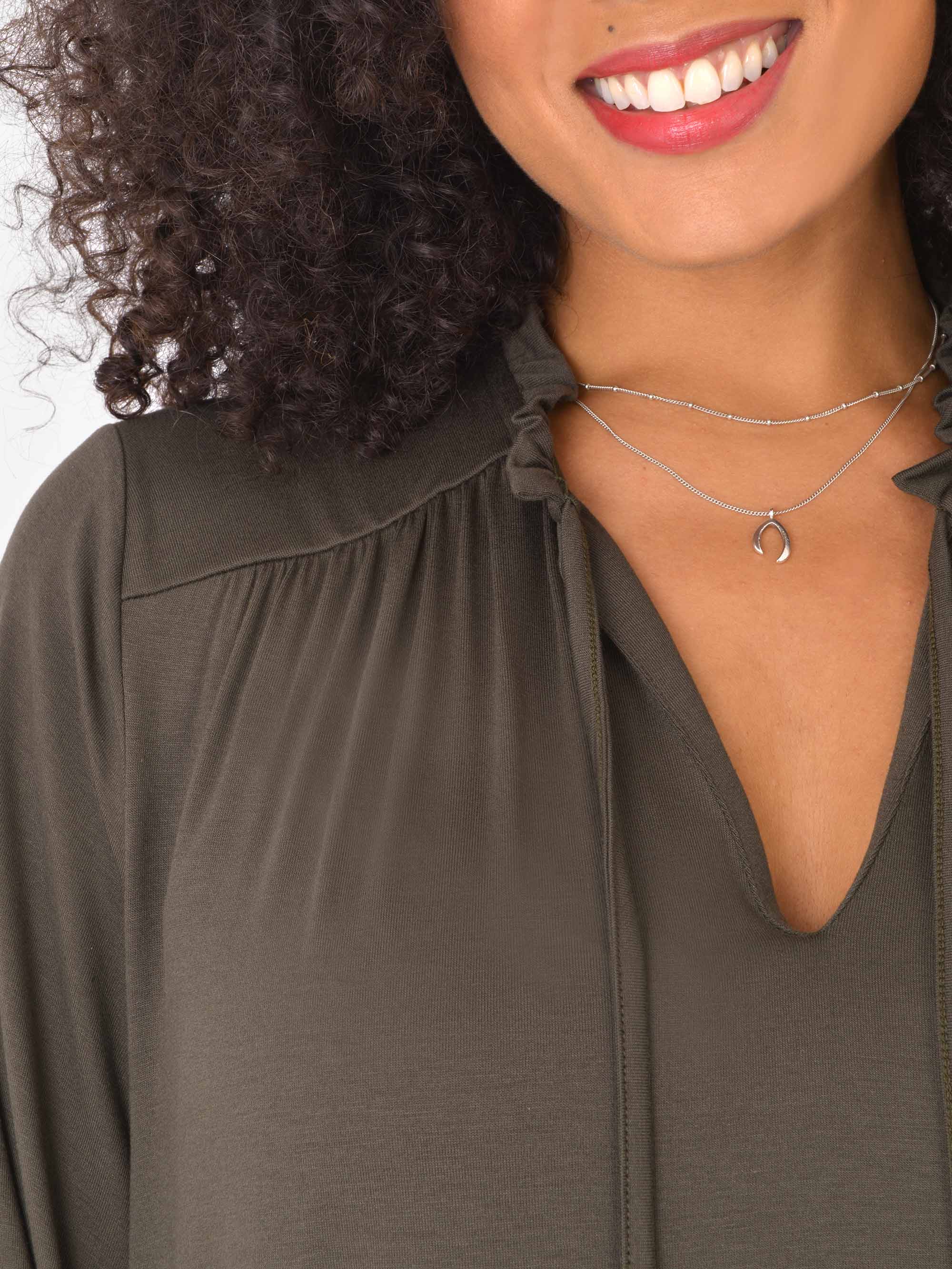 Khaki Jersey Tie Neck Detail Top - Image 3