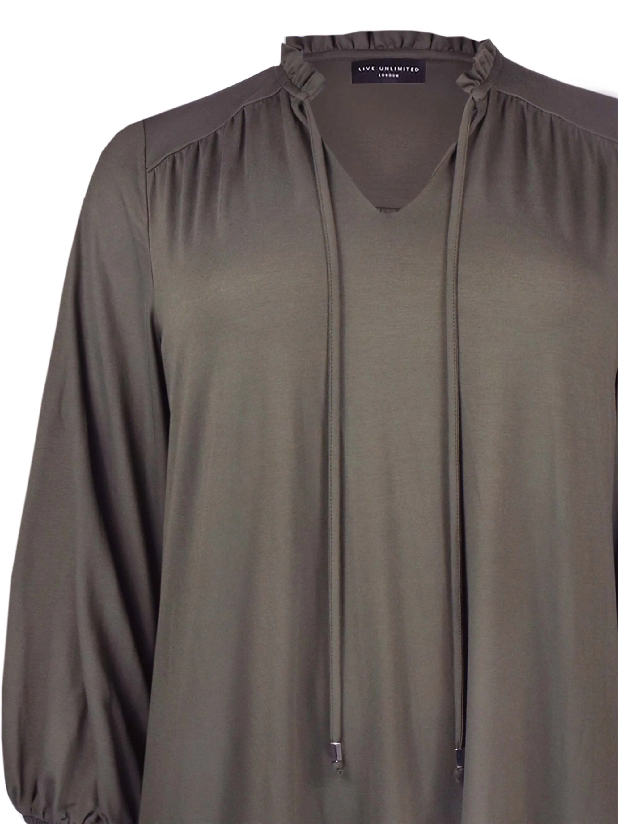 Khaki Jersey Tie Neck Detail Top - Image 5