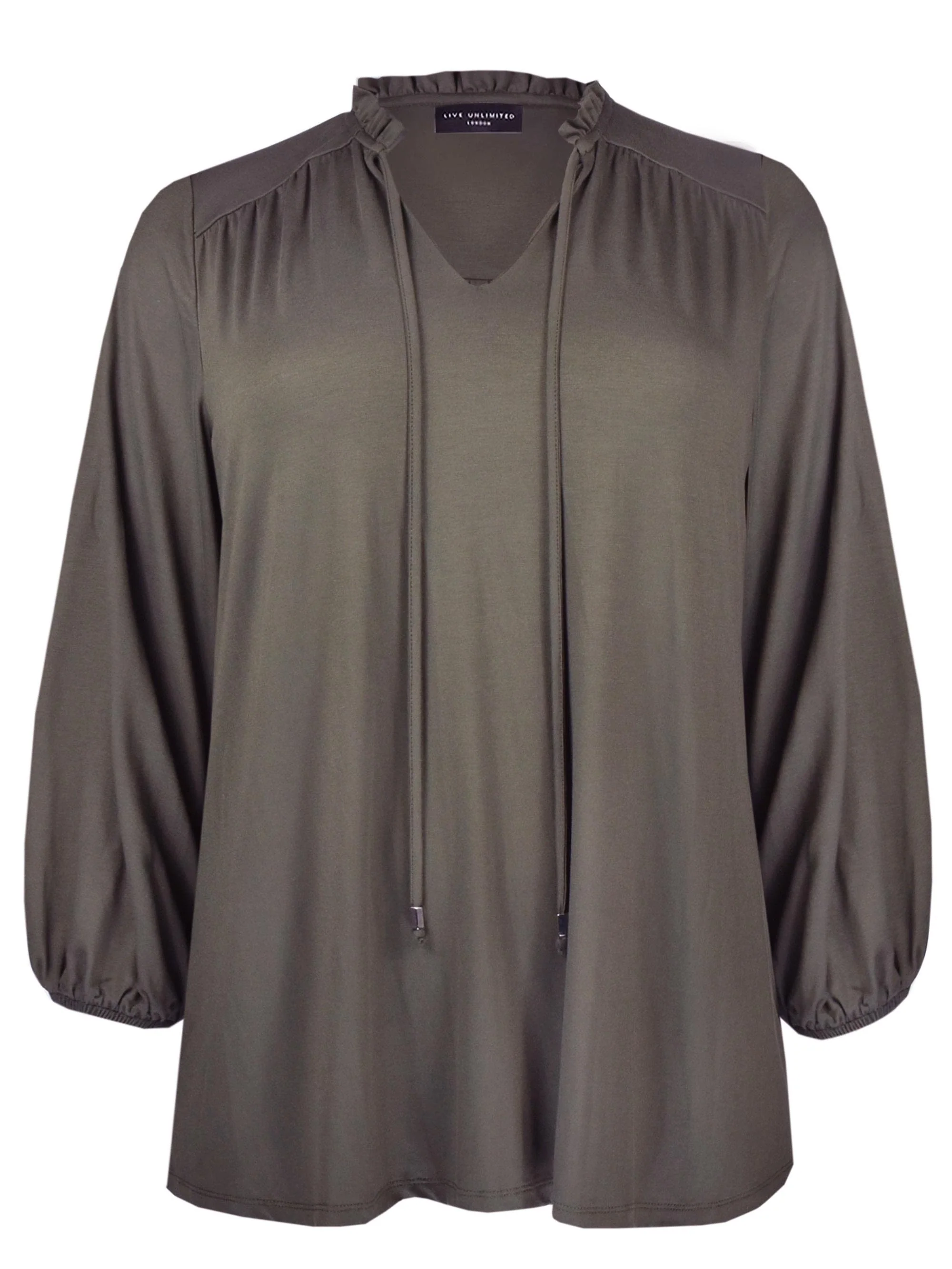 Khaki Jersey Tie Neck Detail Top - Image 6
