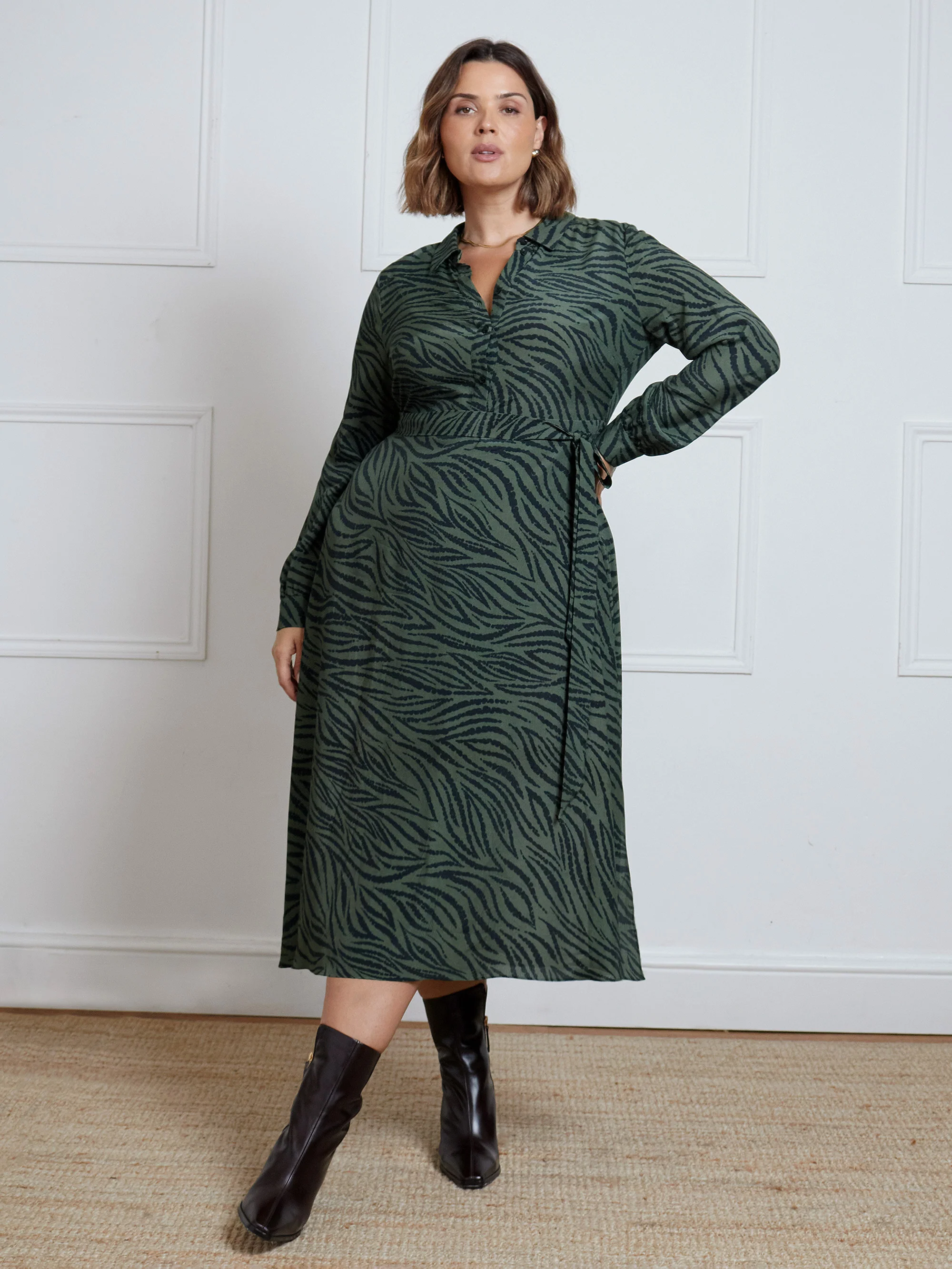 Khaki Animal Print Print Button Through Shirt Dress - Image 3