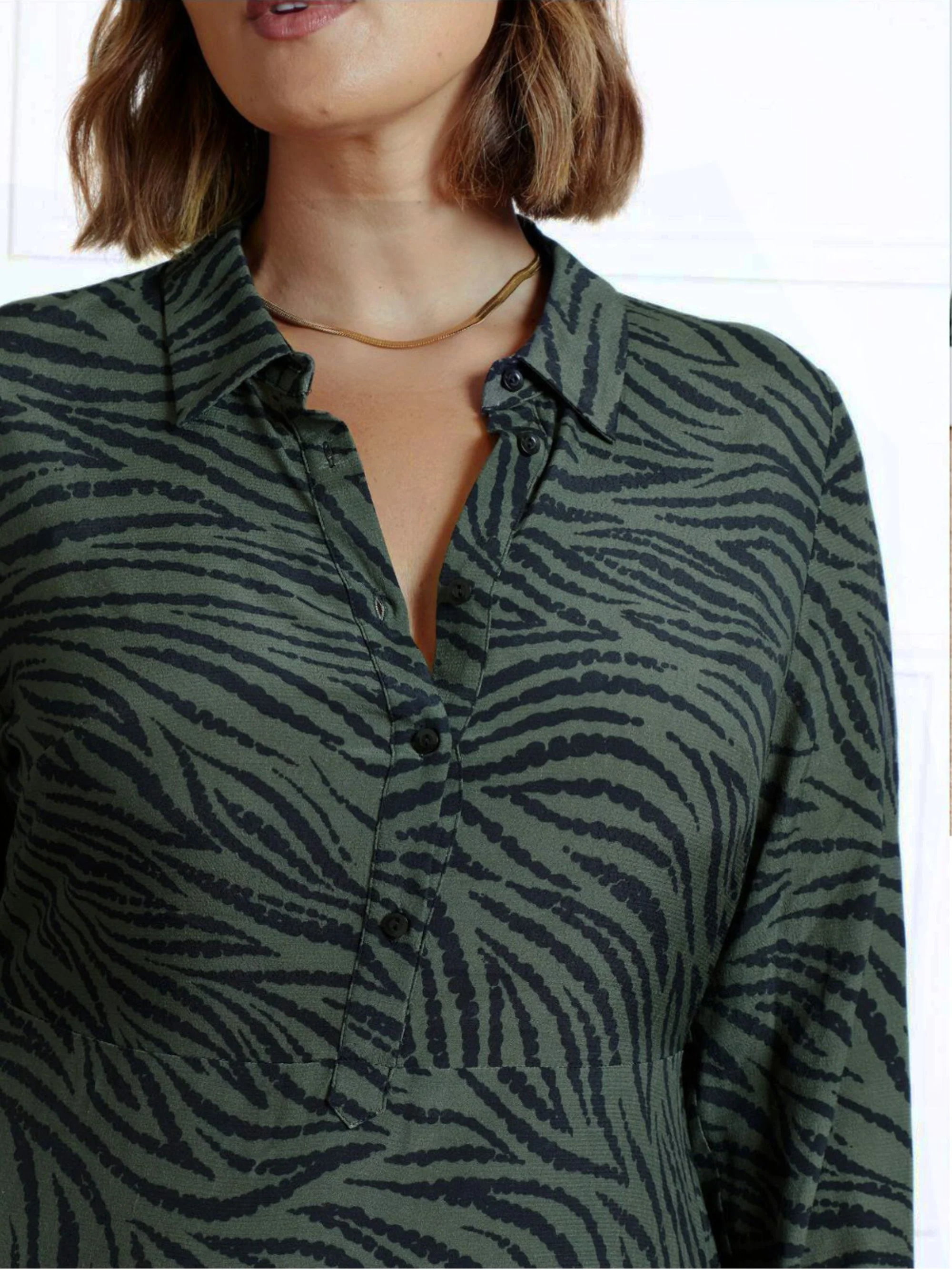 Khaki Animal Print Print Button Through Shirt Dress - Image 4