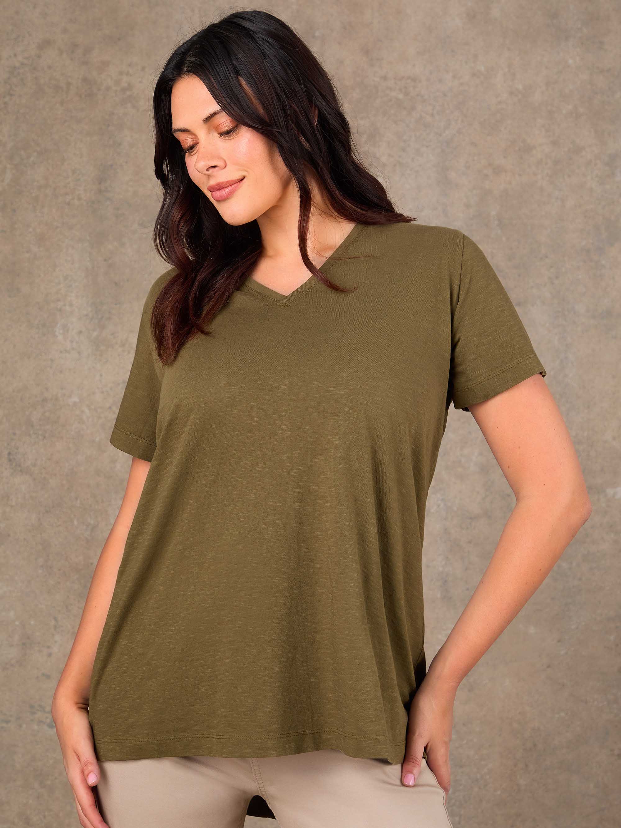 Khaki Cotton Slub Longline V Neck T-Shirt - Image 2