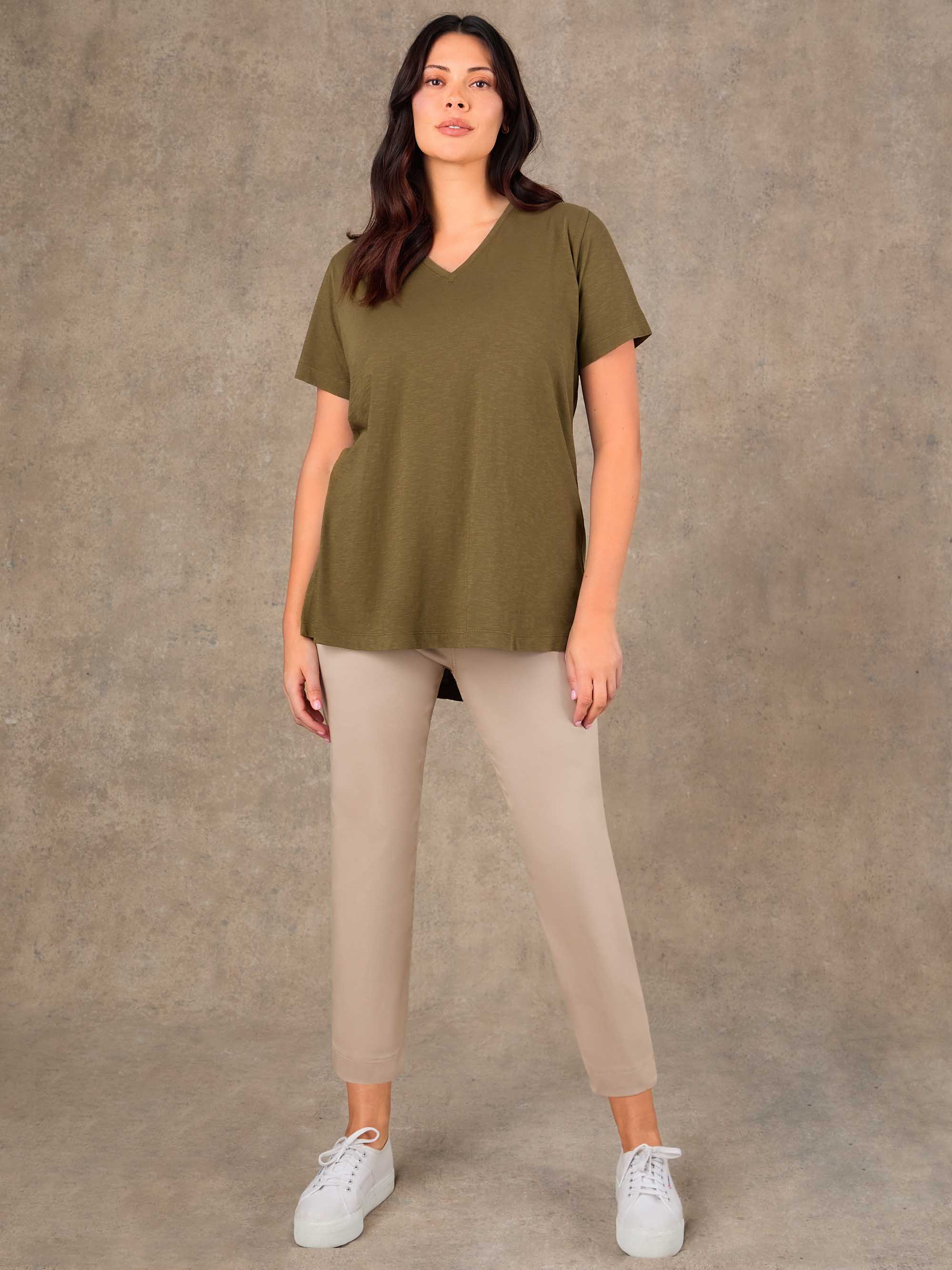 Khaki Cotton Slub Longline V Neck T-Shirt - Image 3