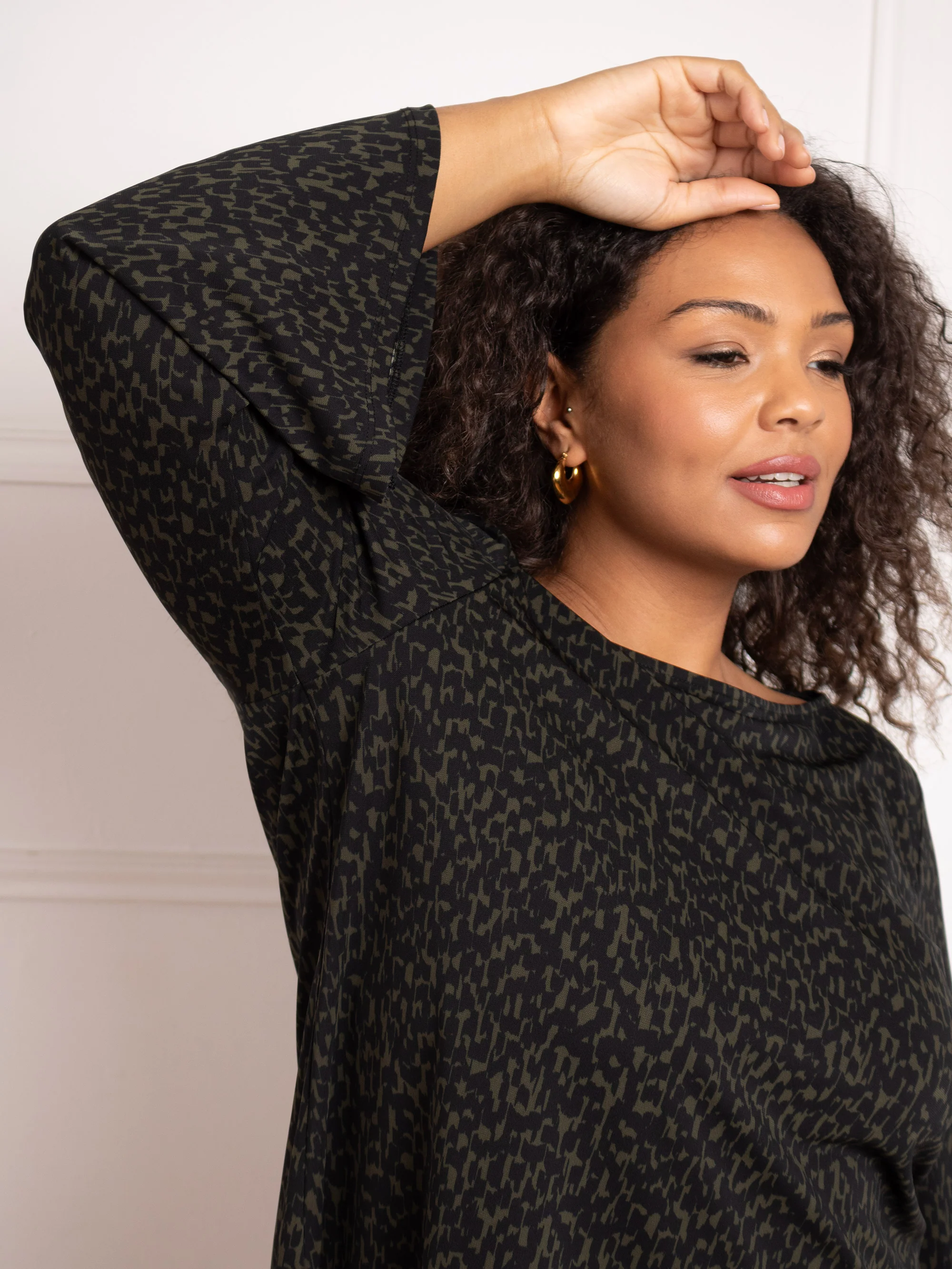 Khaki Dash Print Jersey Flared Sleeve Top - Image 2