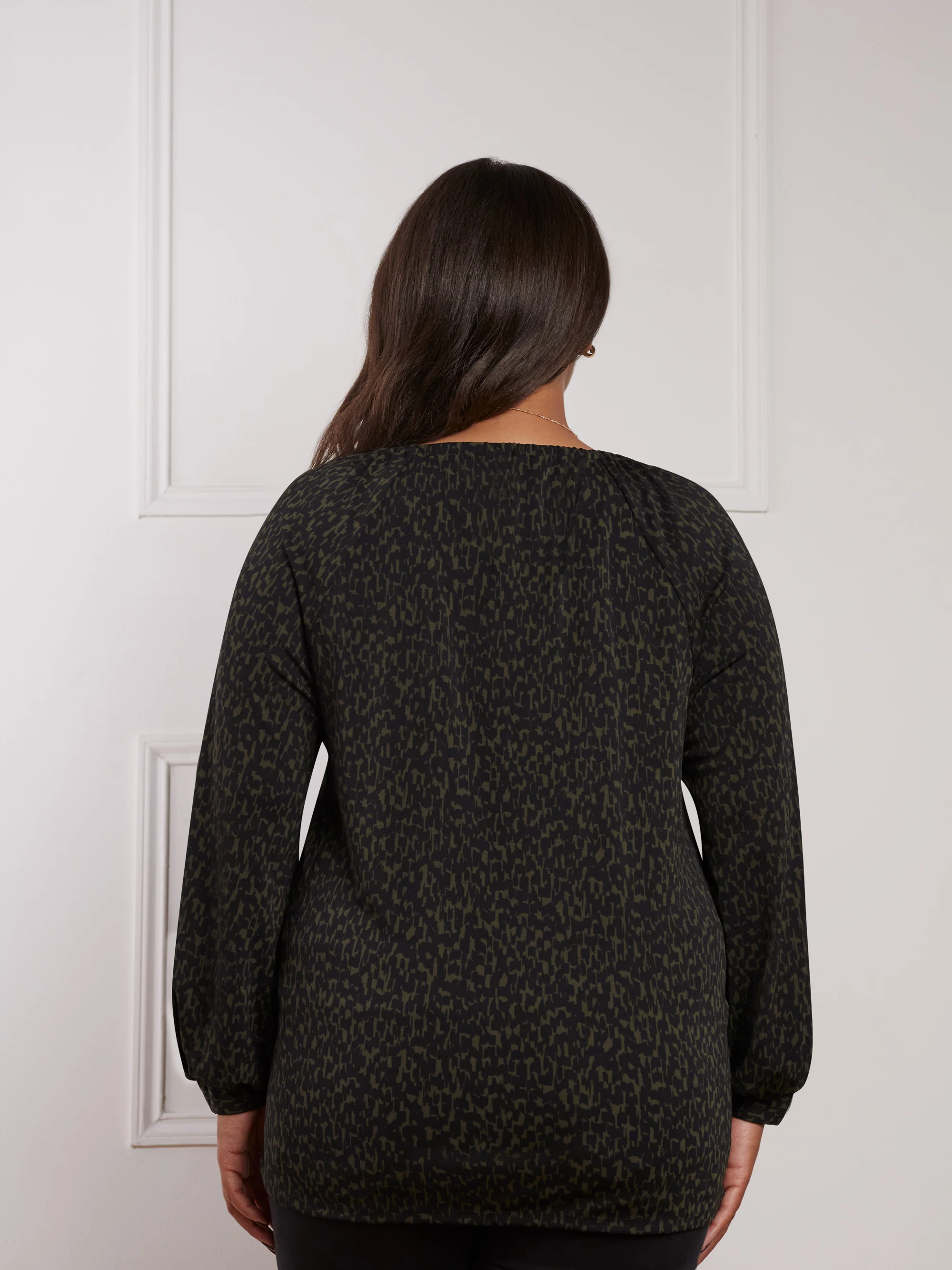 Khaki Dash Print V-Neck Jersey Raglan Sleeve Blouse - Image 6