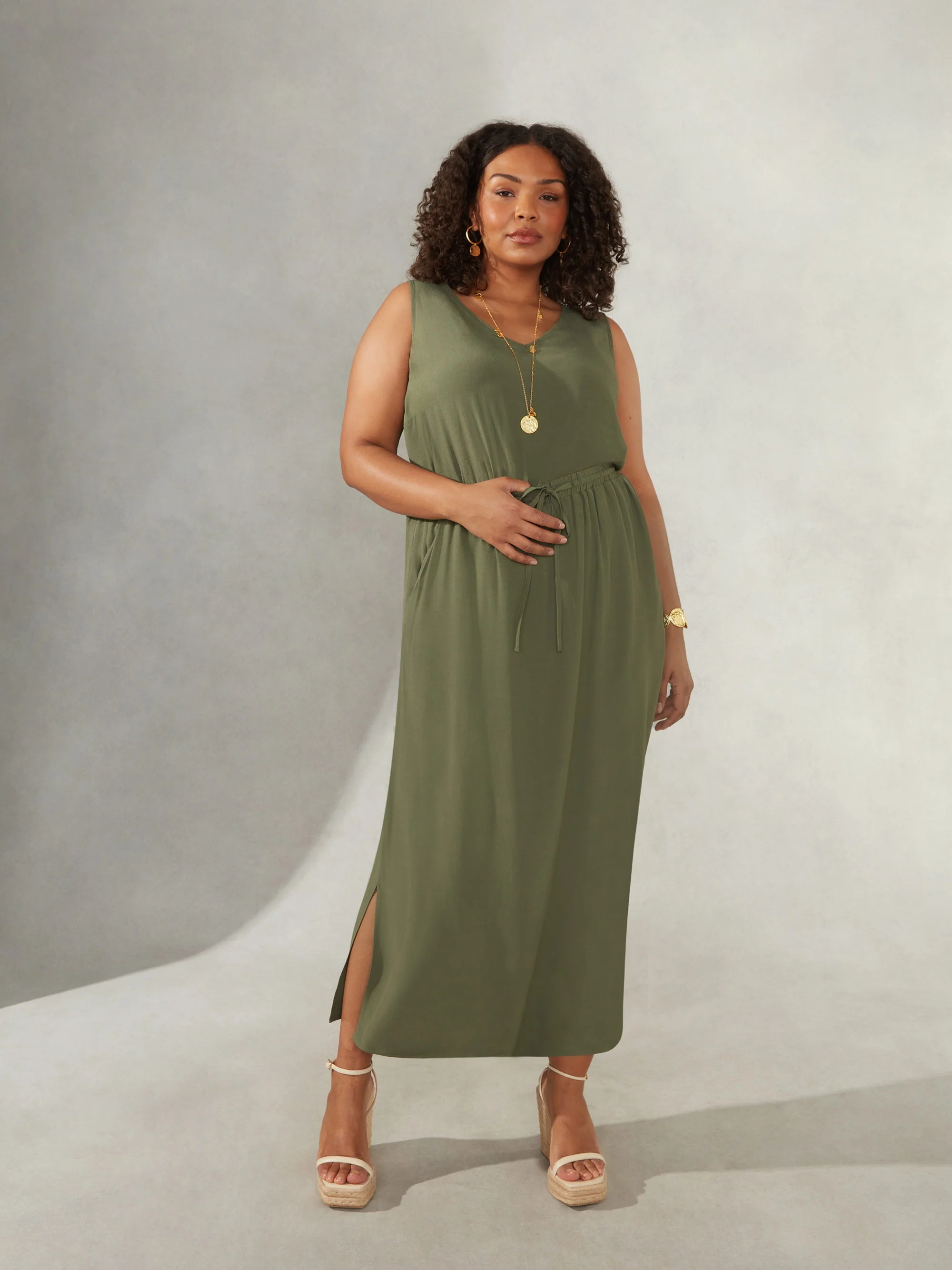 Khaki Drawstring Waist Side Split Maxi Skirt - Image 3