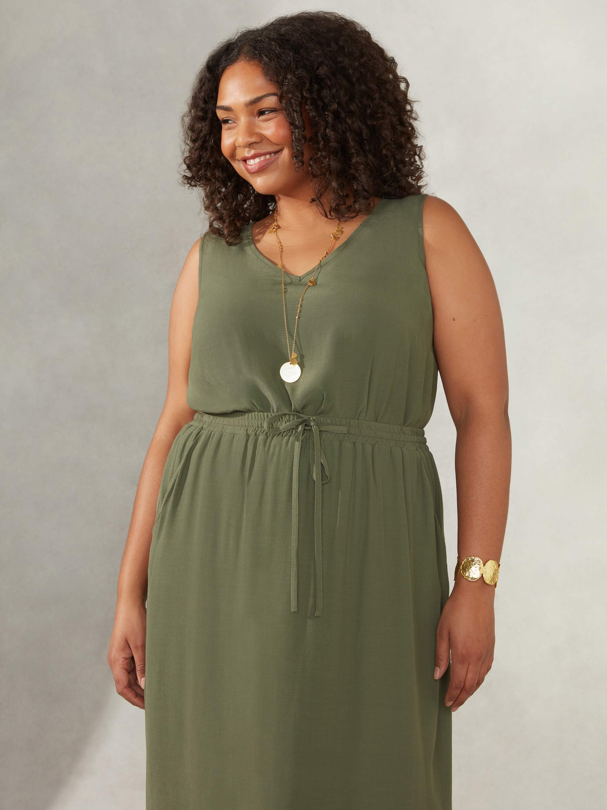 Khaki Drawstring Waist Side Split Maxi Skirt - Image 4