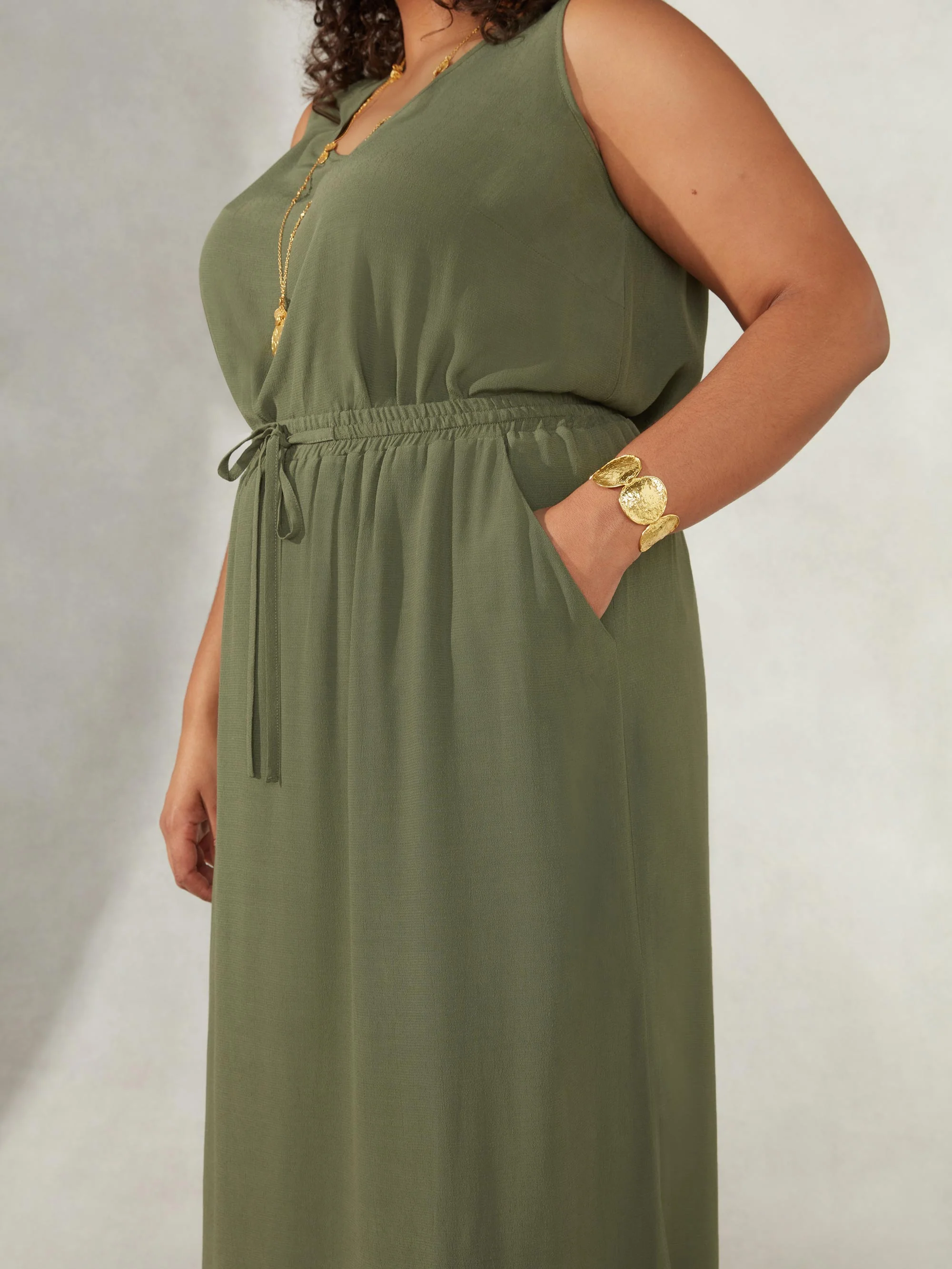 Khaki Drawstring Waist Side Split Maxi Skirt - Image 5