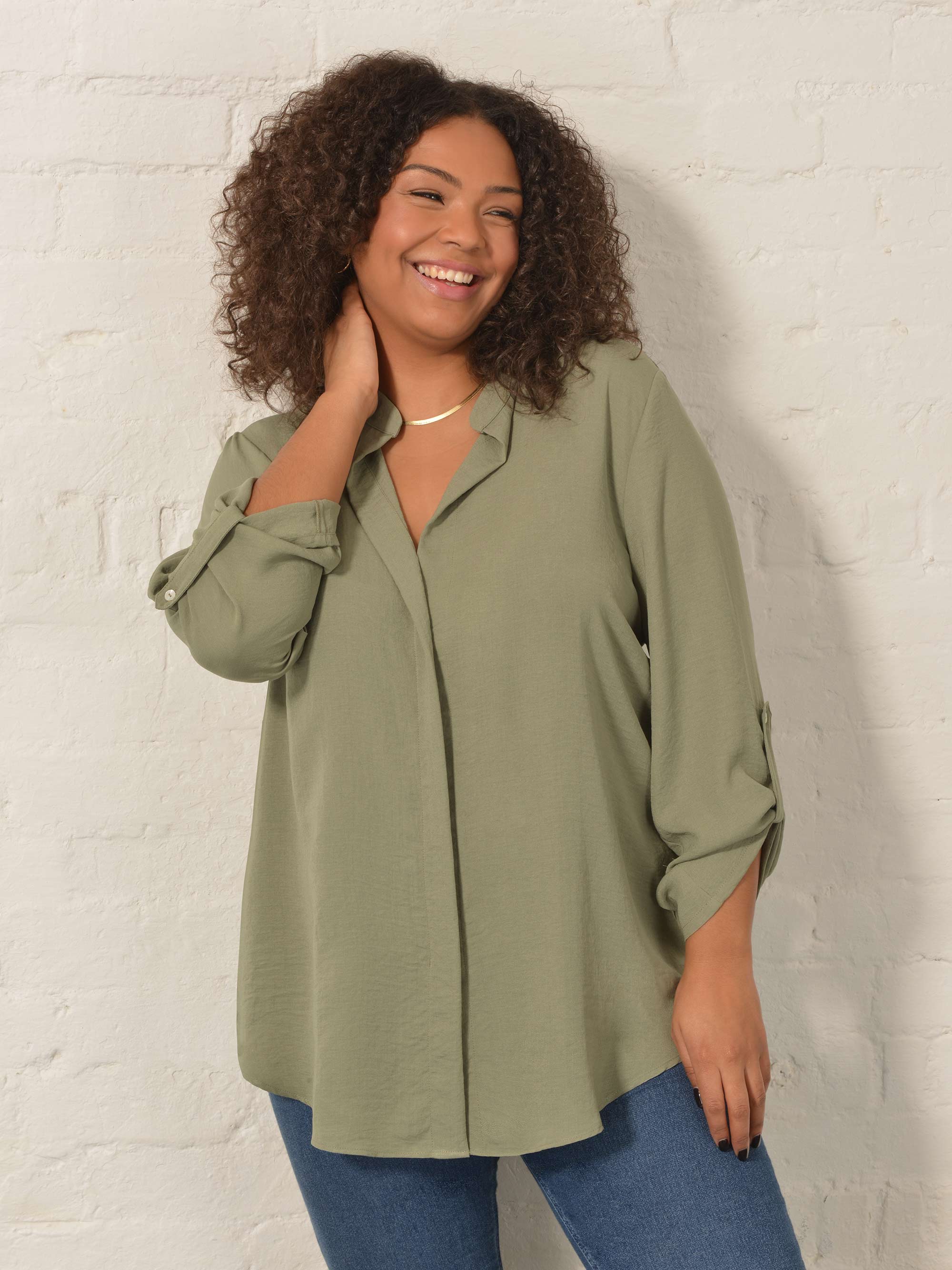 Khaki Roll Tab Sleeve Blouse - Image 2