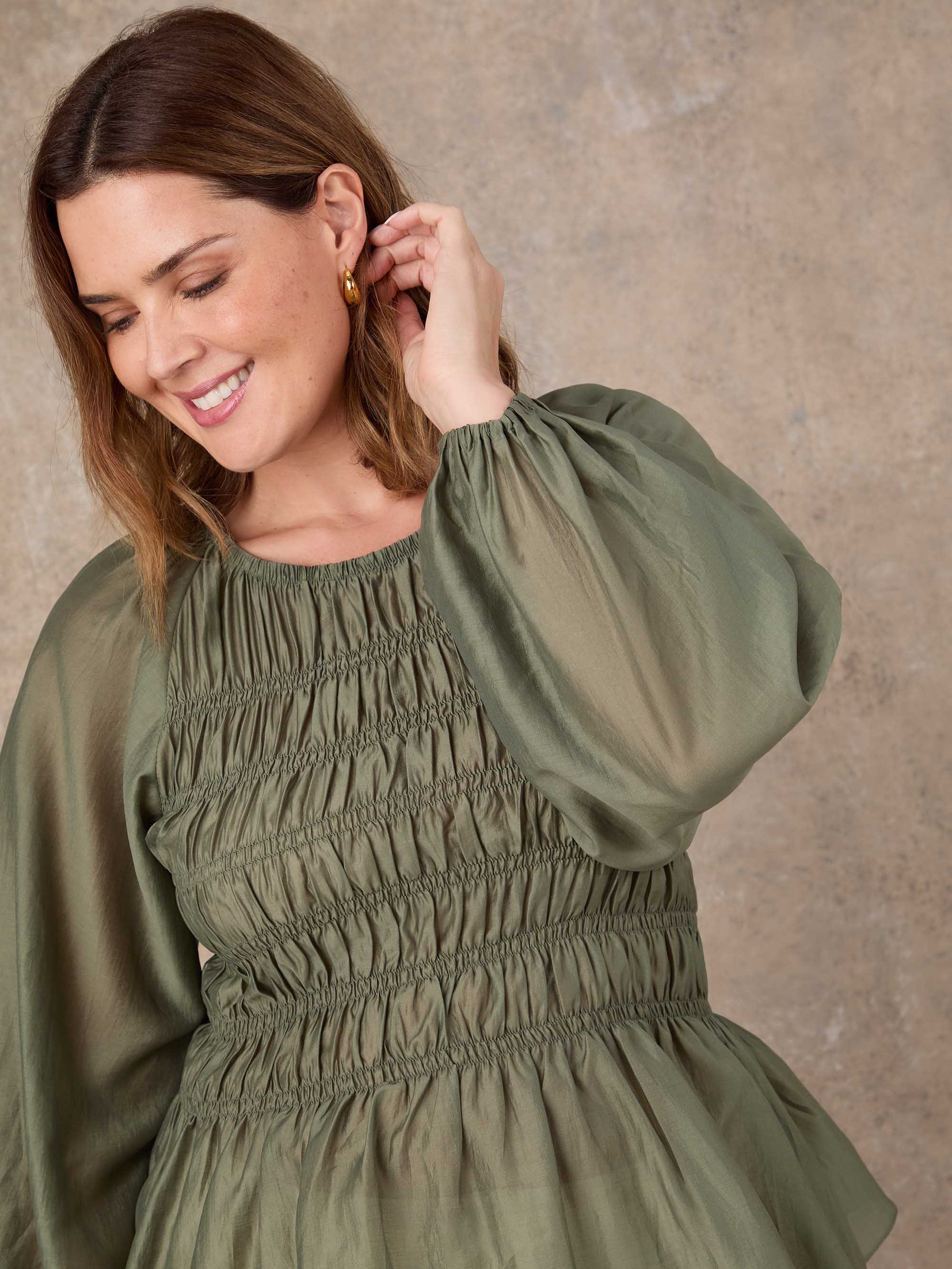 Khaki Shirred Long Sleeve Top - Image 2