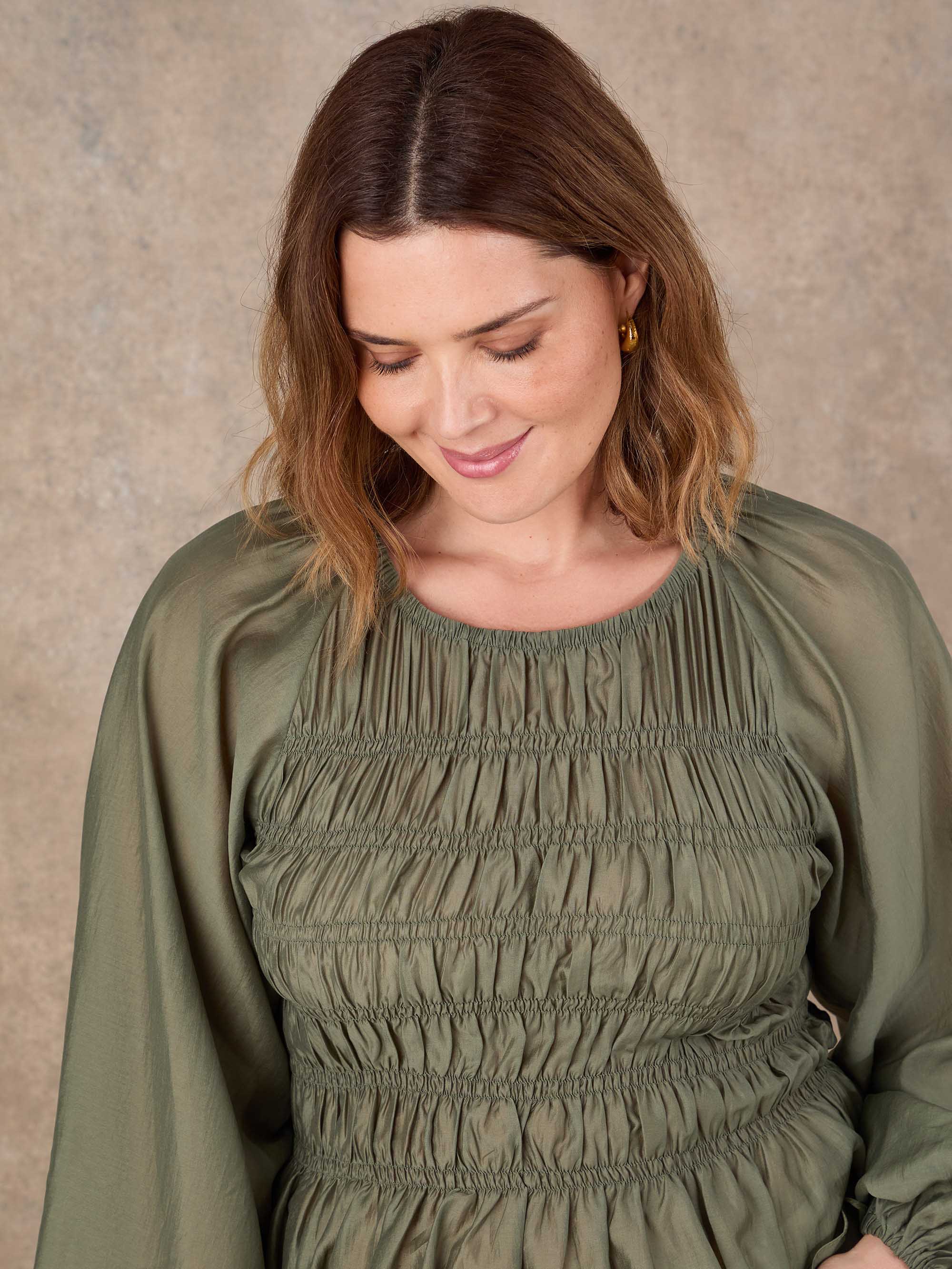 Khaki Shirred Long Sleeve Top - Image 3