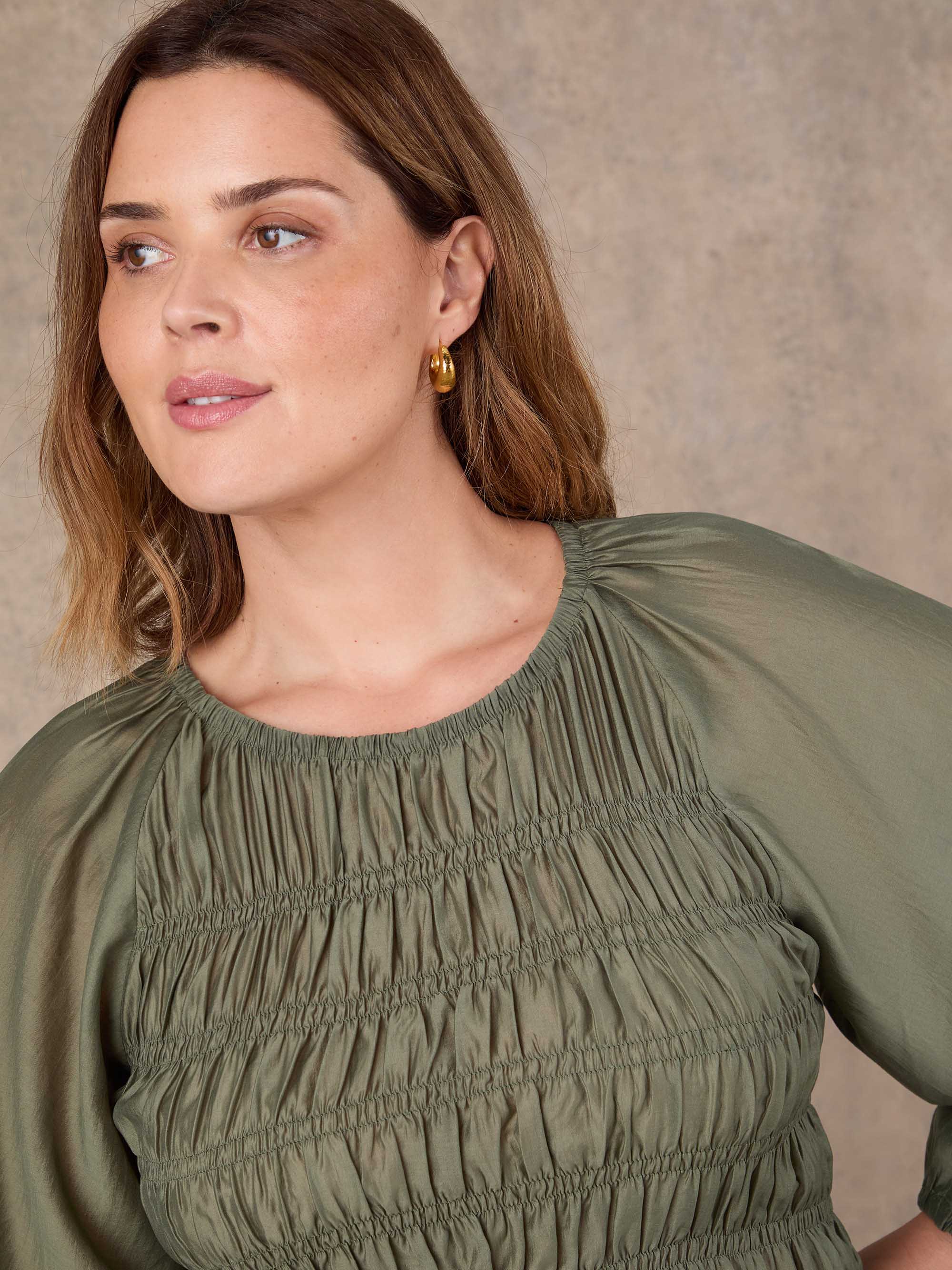 Khaki Shirred Long Sleeve Top - Image 4