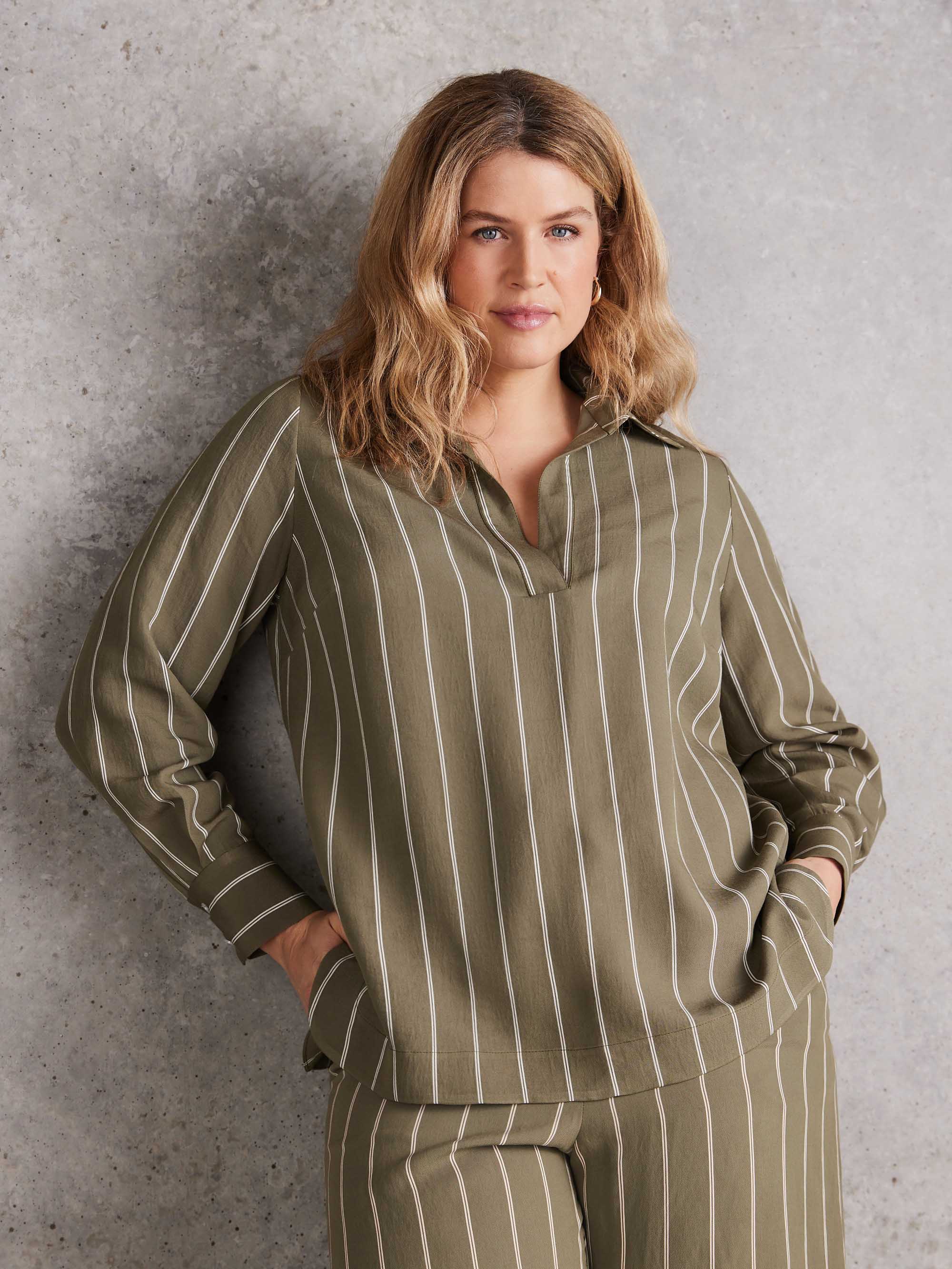 Khaki Striped Long Sleeve Collared Shirt - Image 3