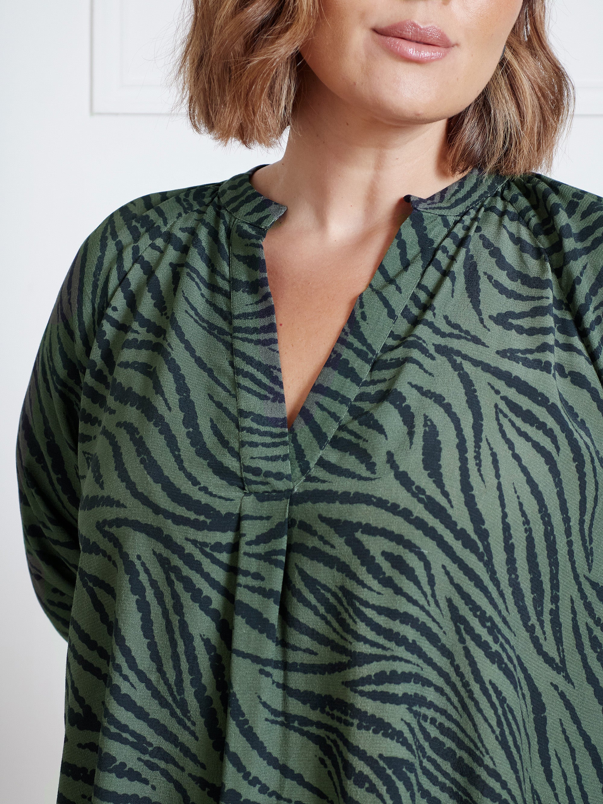 Khaki Zebra Pleat Sleeve Blouse - Image 2