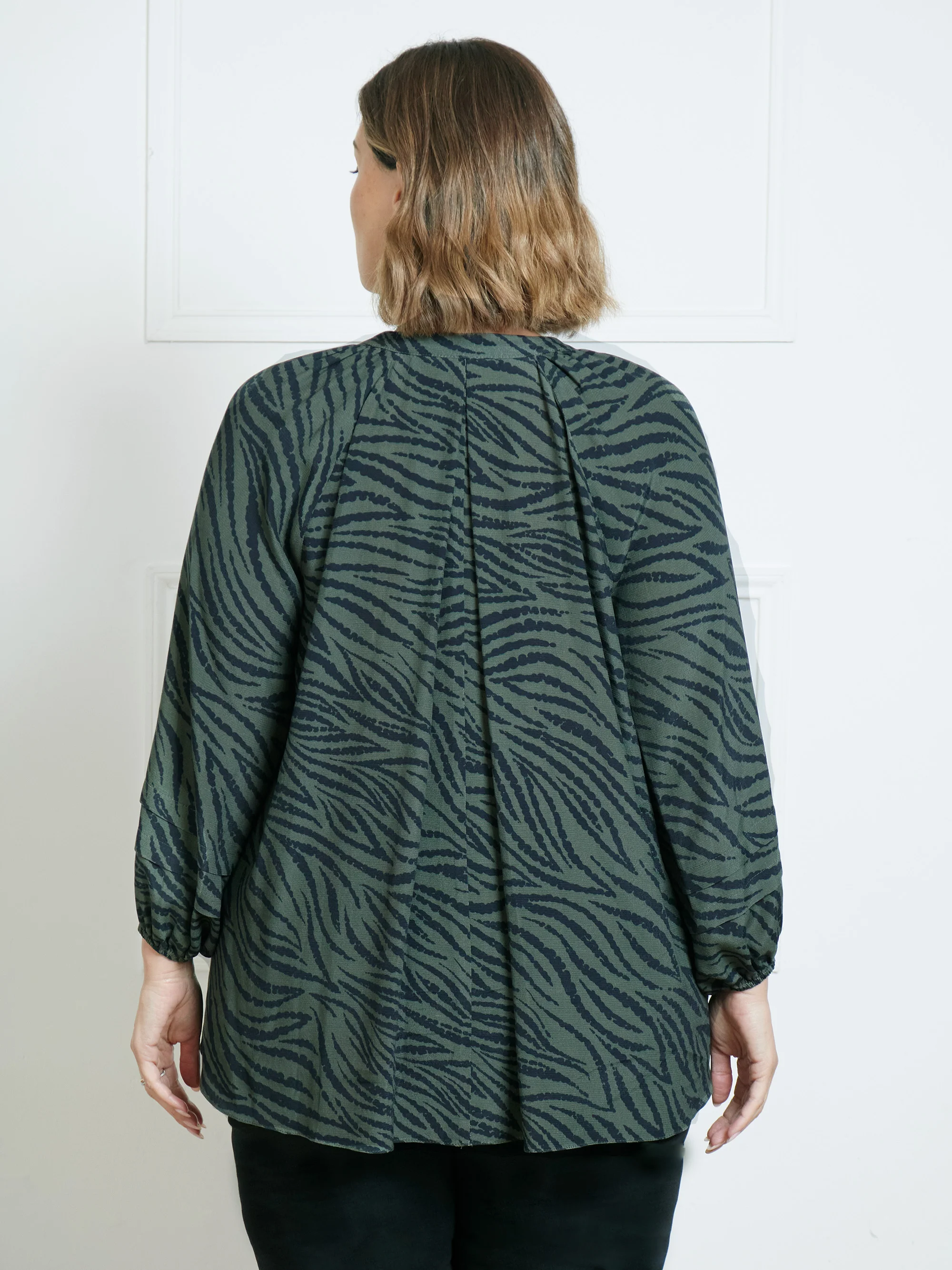Khaki Zebra Pleat Sleeve Blouse - Image 3