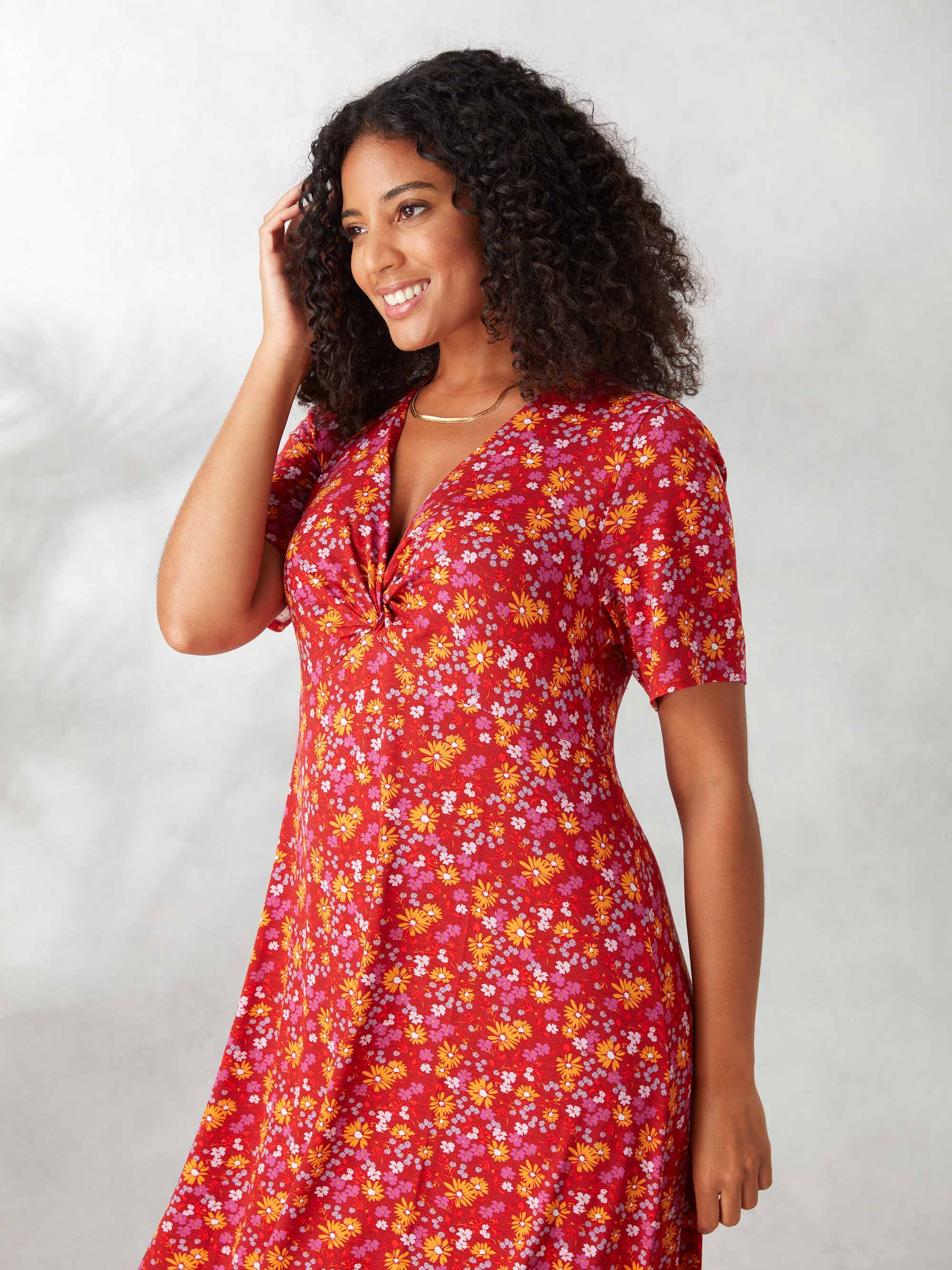 Pink Ditsy Print Knotted Front Jersey Dress - Image 2
