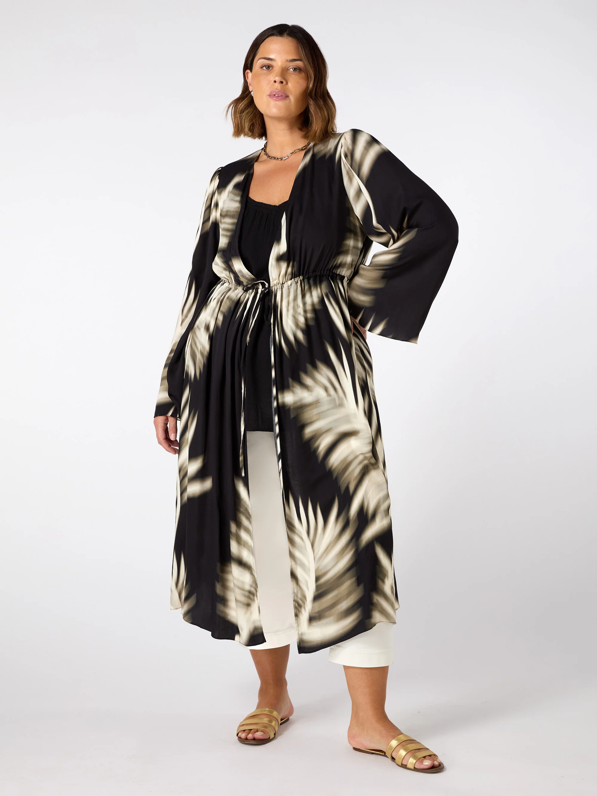 Leaf Print Longline Drawstring Kimono - Image 4