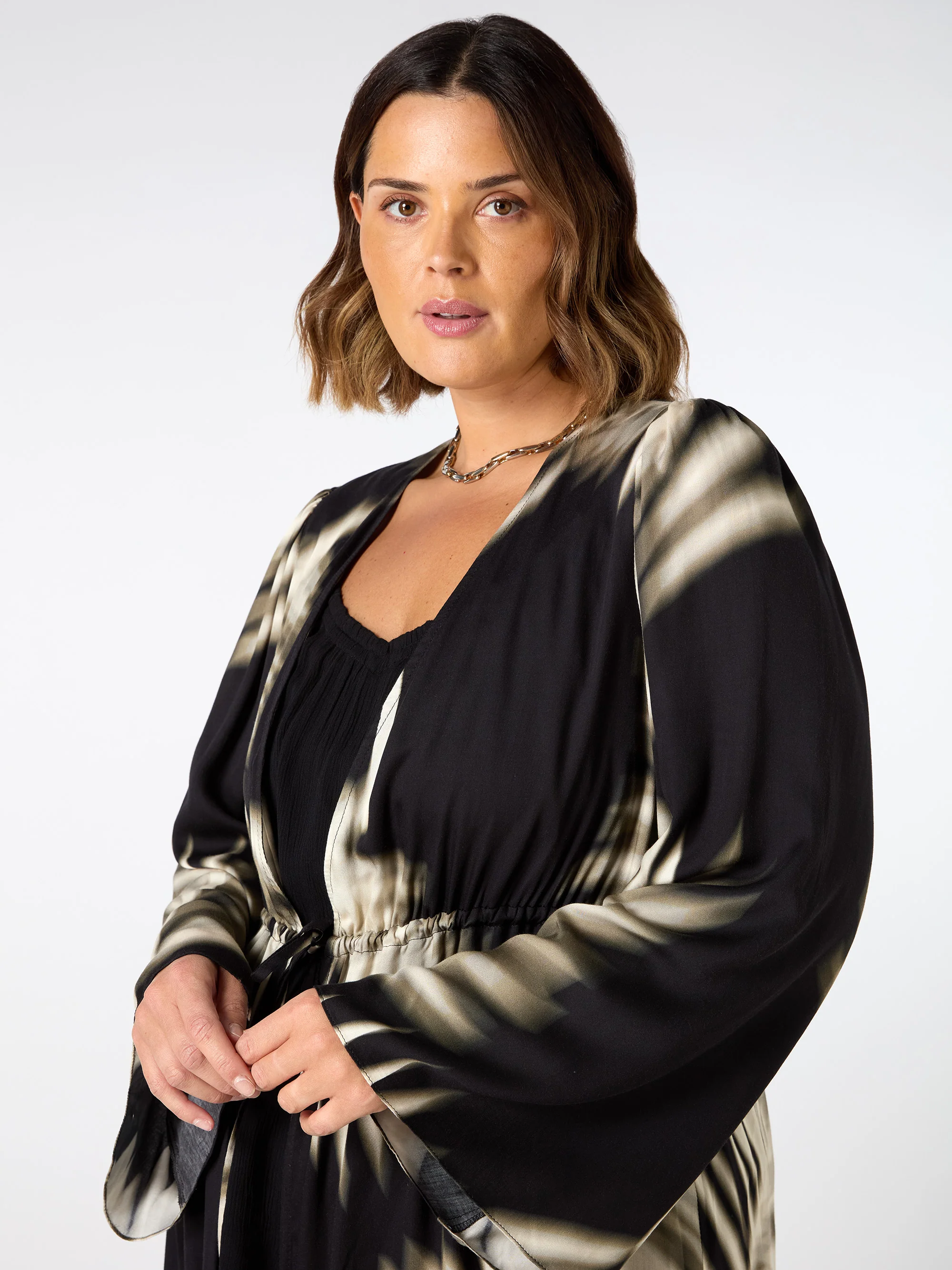 Leaf Print Longline Drawstring Kimono - Image 6