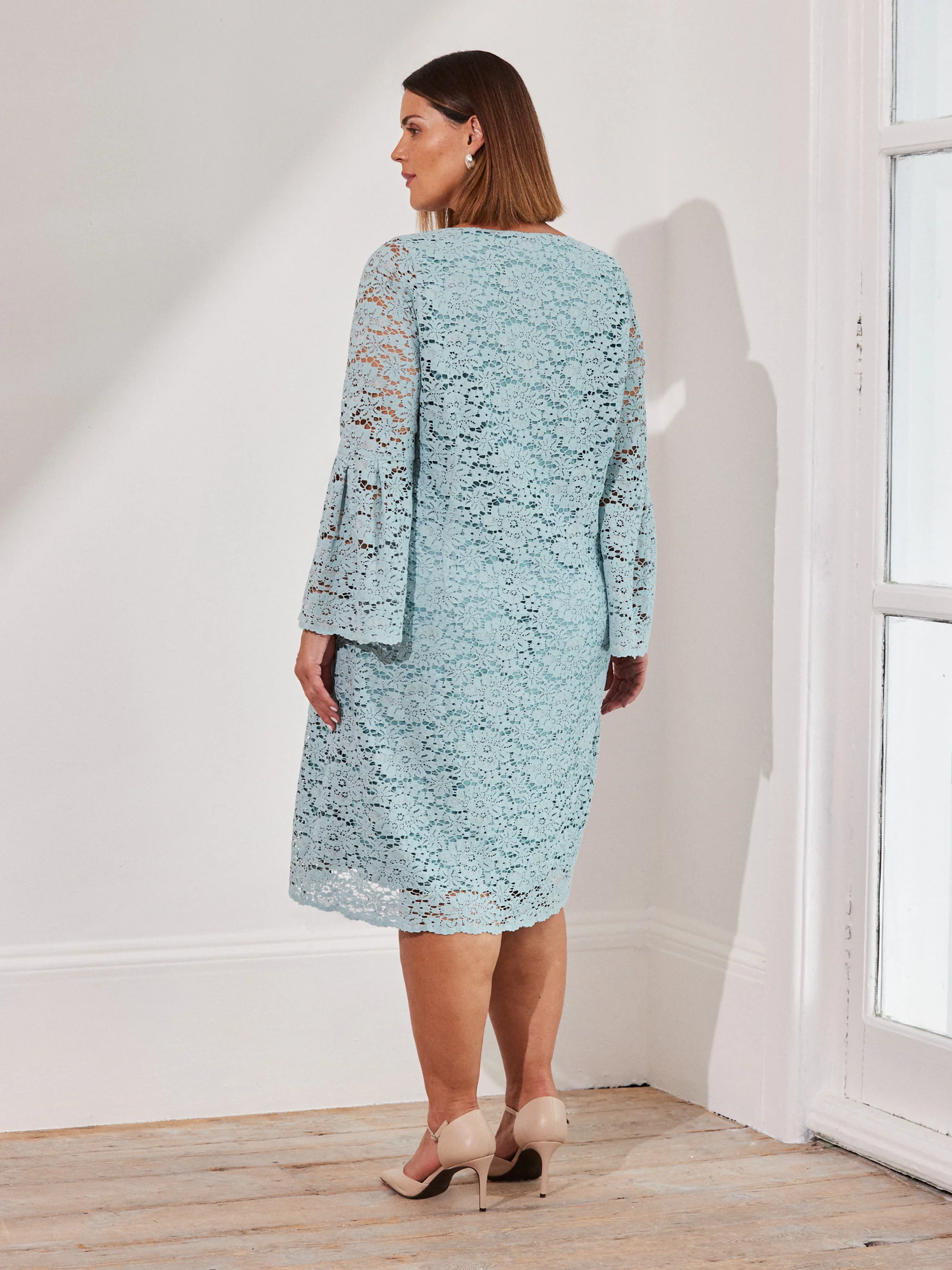Light Blue Lace Dress With Flute Sleeve - Image 5