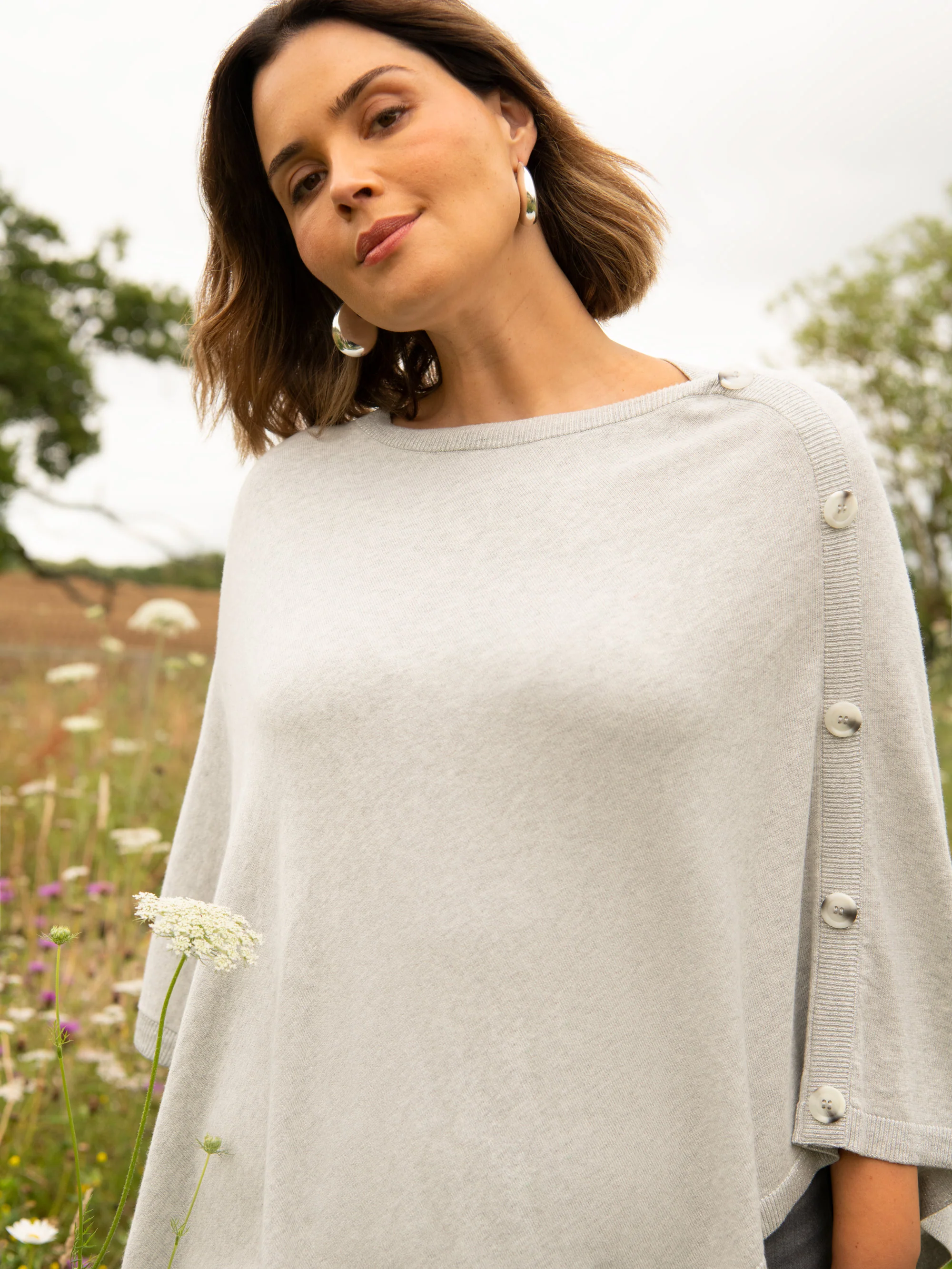 Light Grey Button Detail Poncho - Image 4