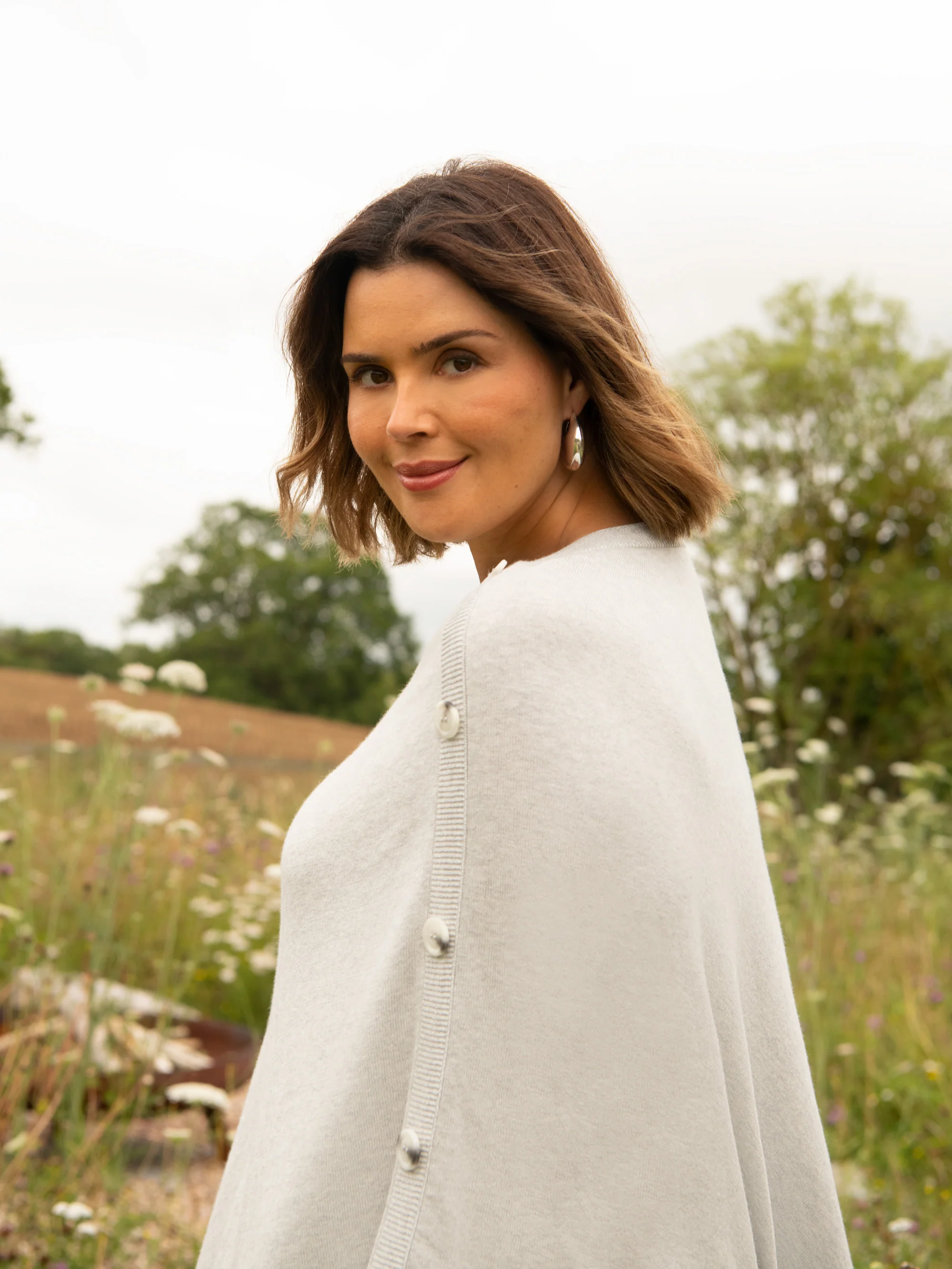 Light Grey Button Detail Poncho - Image 6