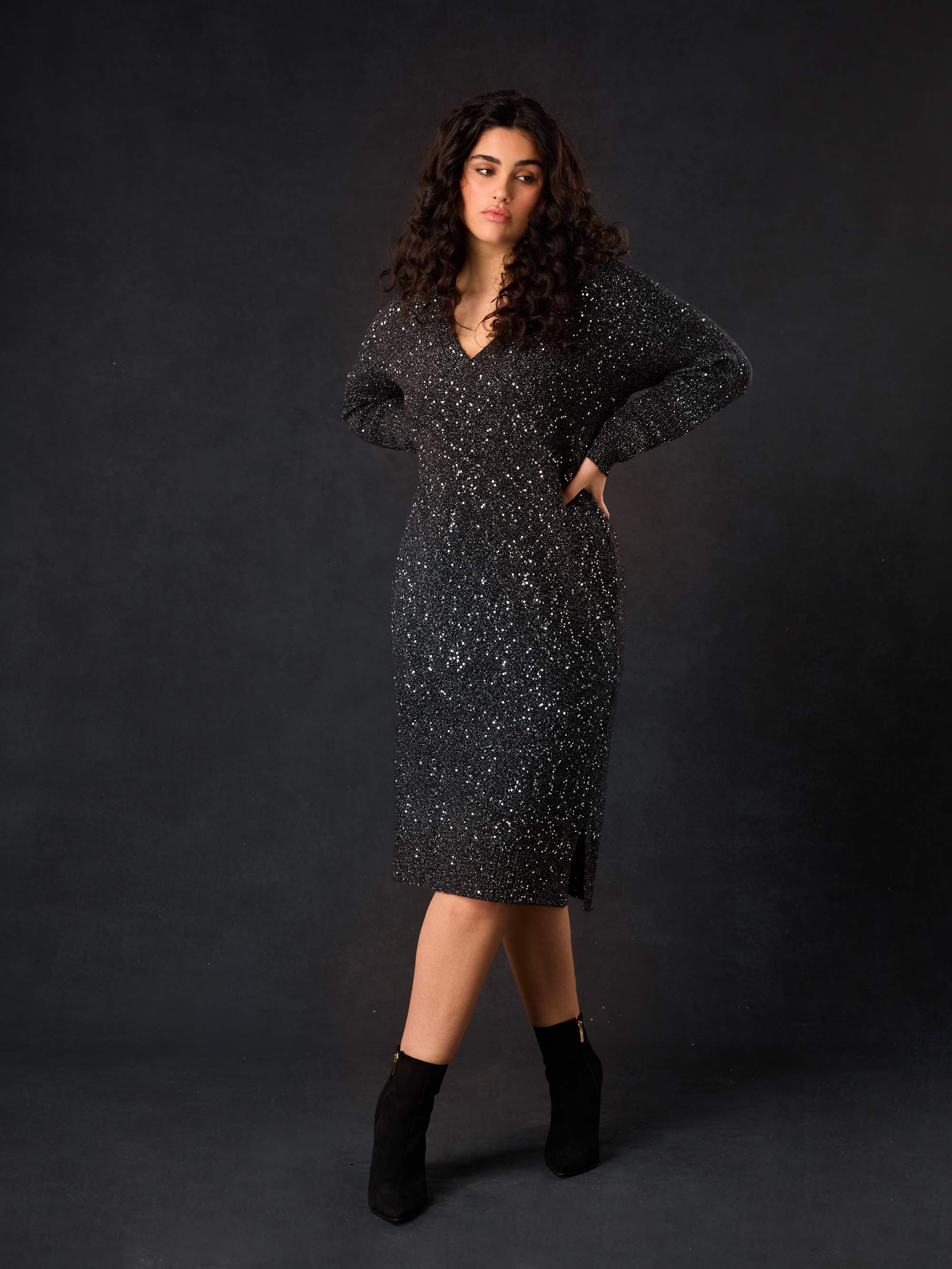 Black Knitted Metallic and Sequin Dress - Image 2
