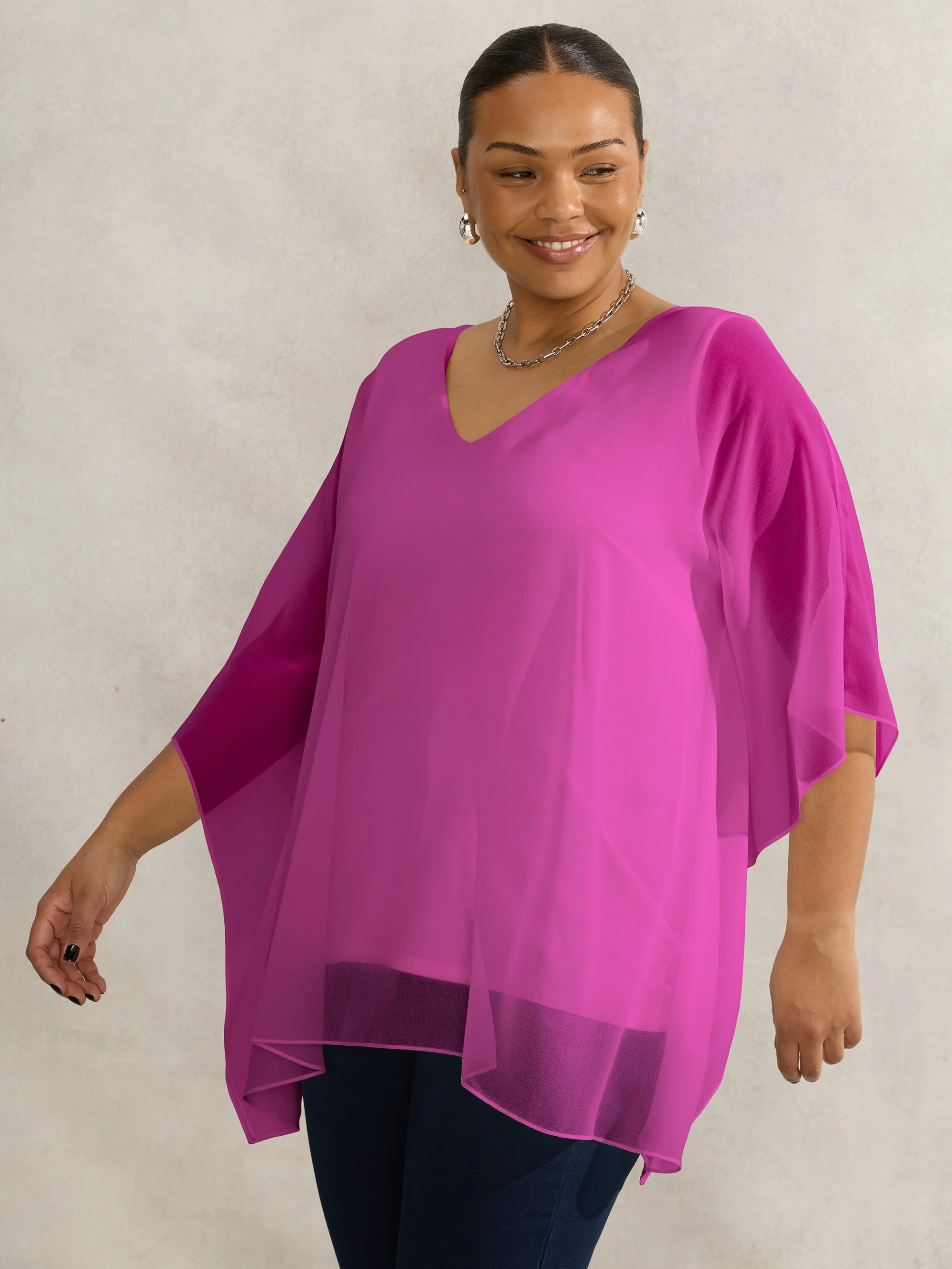 Magenta Chiffon V Neck Overlay Top - Image 2