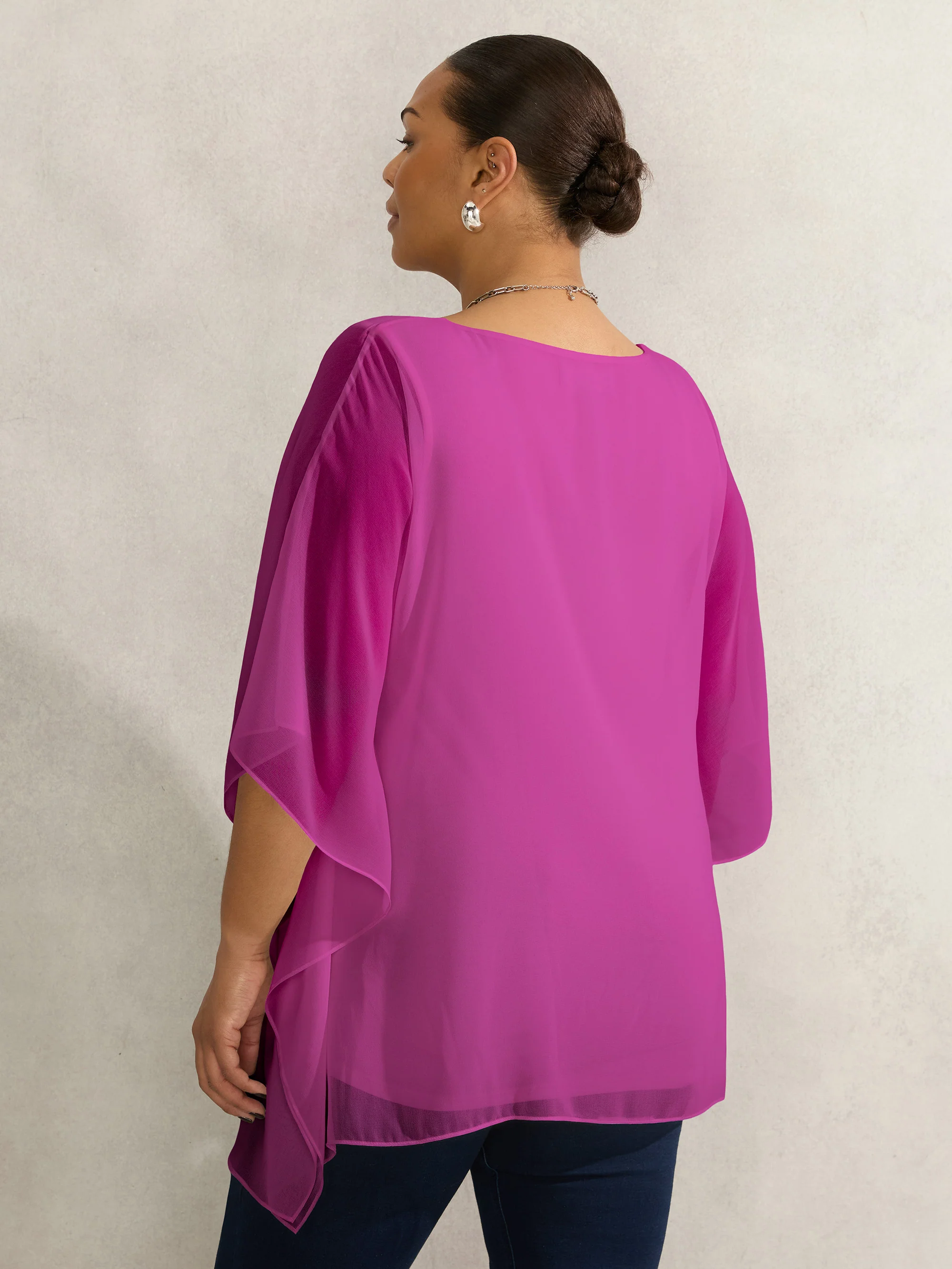 Magenta Chiffon V Neck Overlay Top - Image 4