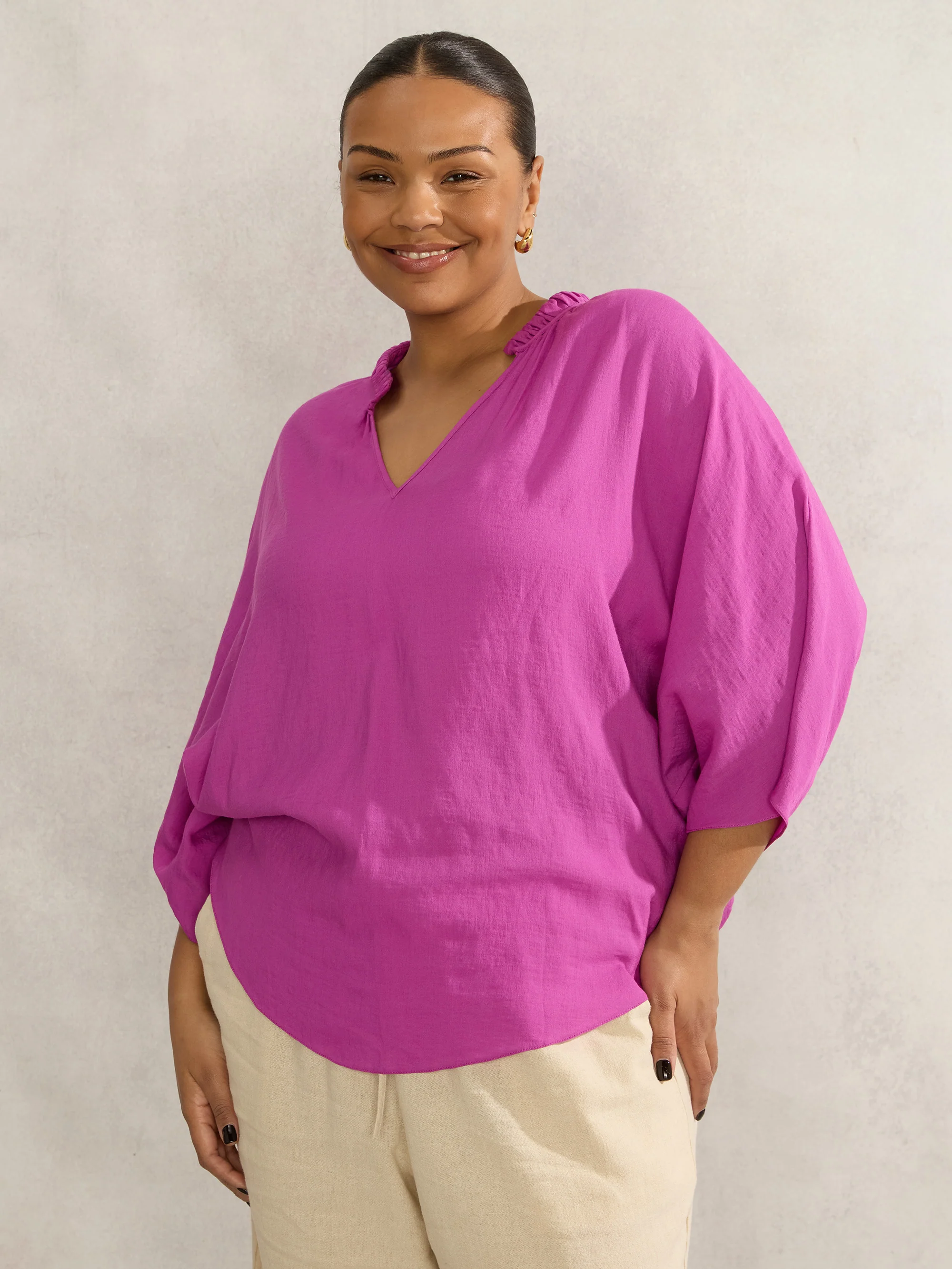 Magenta Dolman Sleeve Gathered Neck Top - Image 3