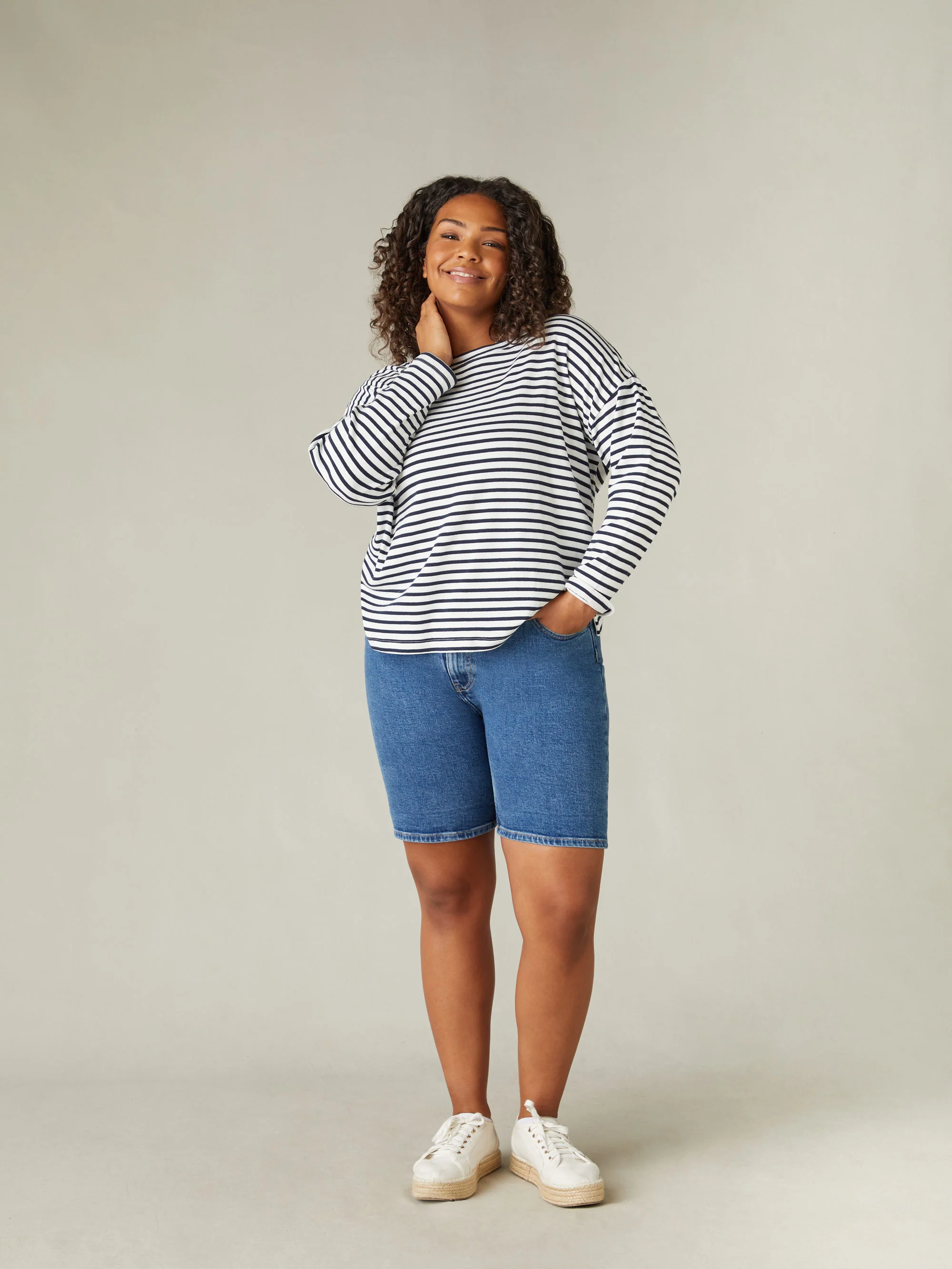 Mid Blue Denim Longline Shorts - Image 2