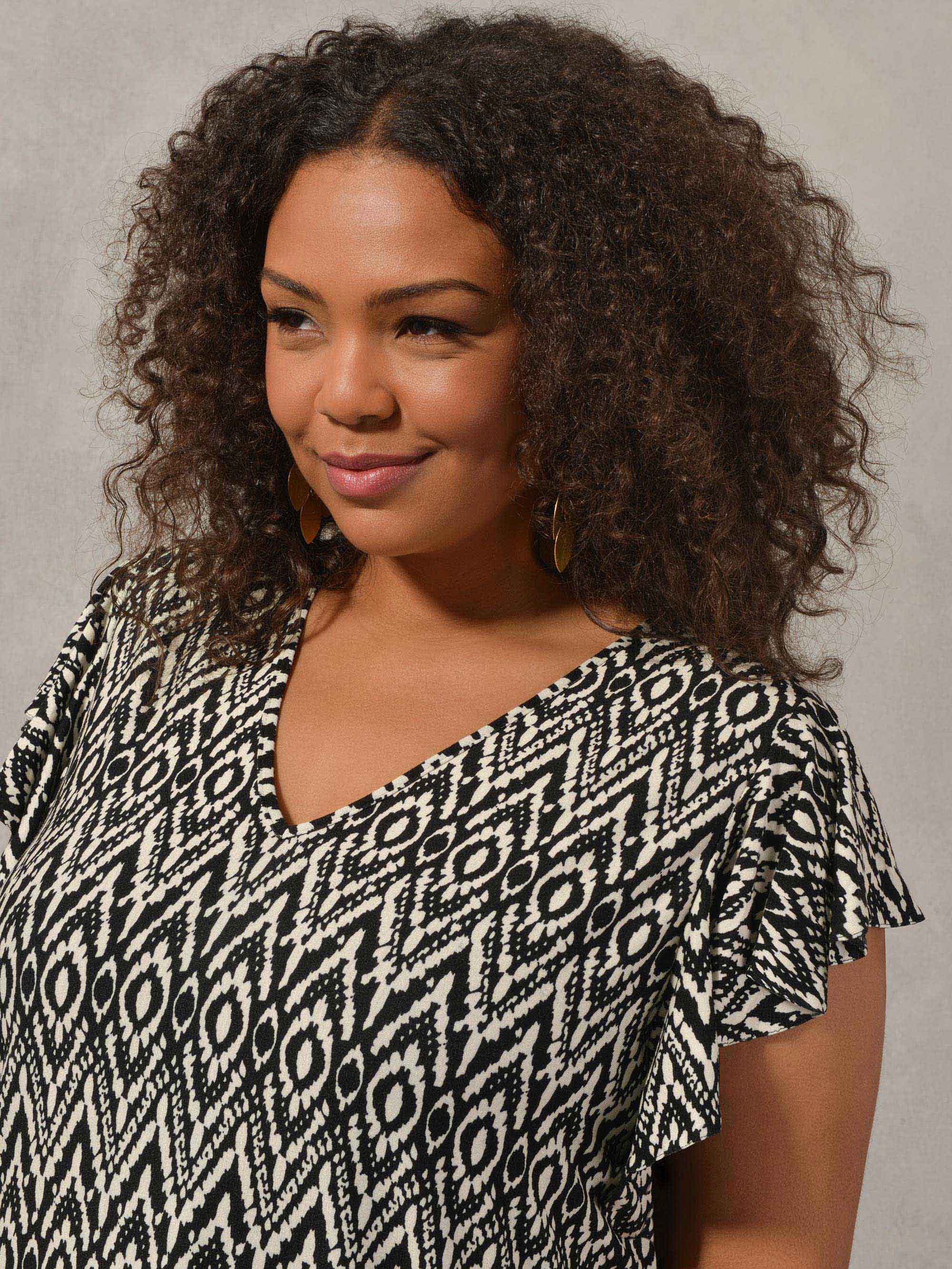 Mono Aztec Print Frill Sleeve Jersey Top - Image 2