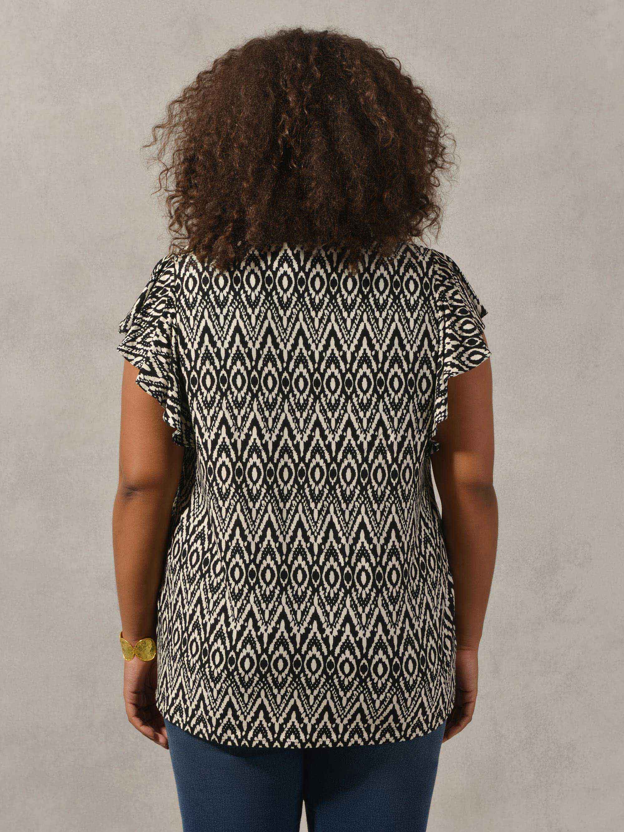 Mono Aztec Print Frill Sleeve Jersey Top - Image 3