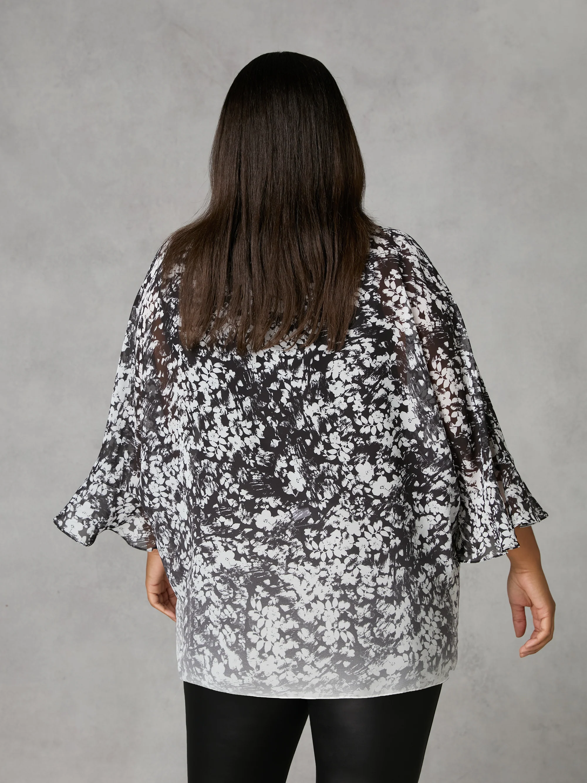 Mono Floral Print Flute Sleeve Overlay Top - Image 2