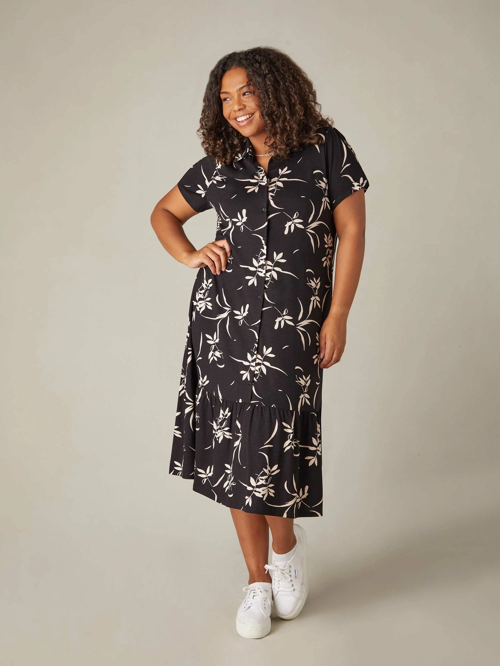 Mono Floral Print Jersey Tiered Midi Shirt Dress - Image 2