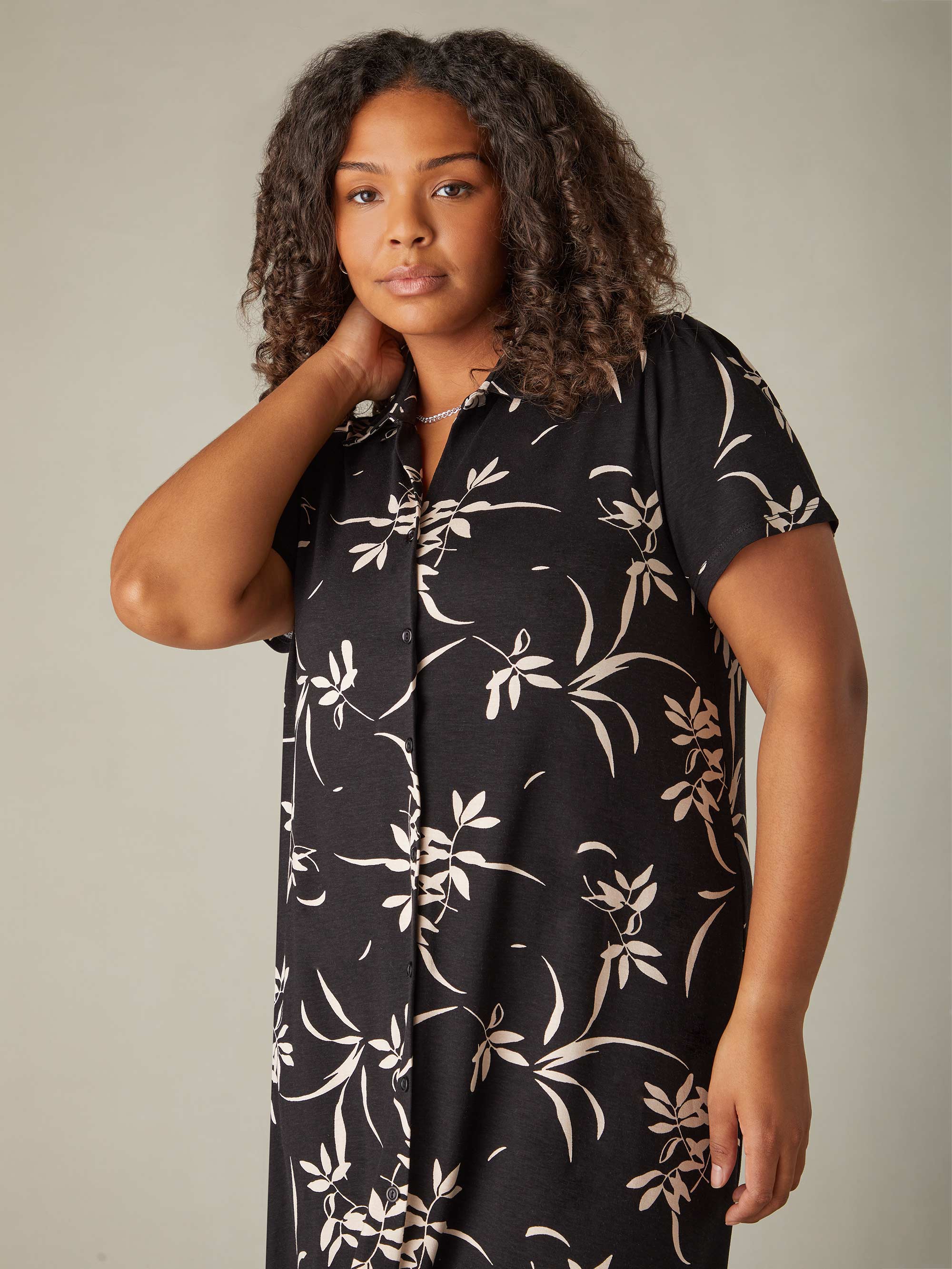 Mono Floral Print Jersey Tiered Midi Shirt Dress - Image 3