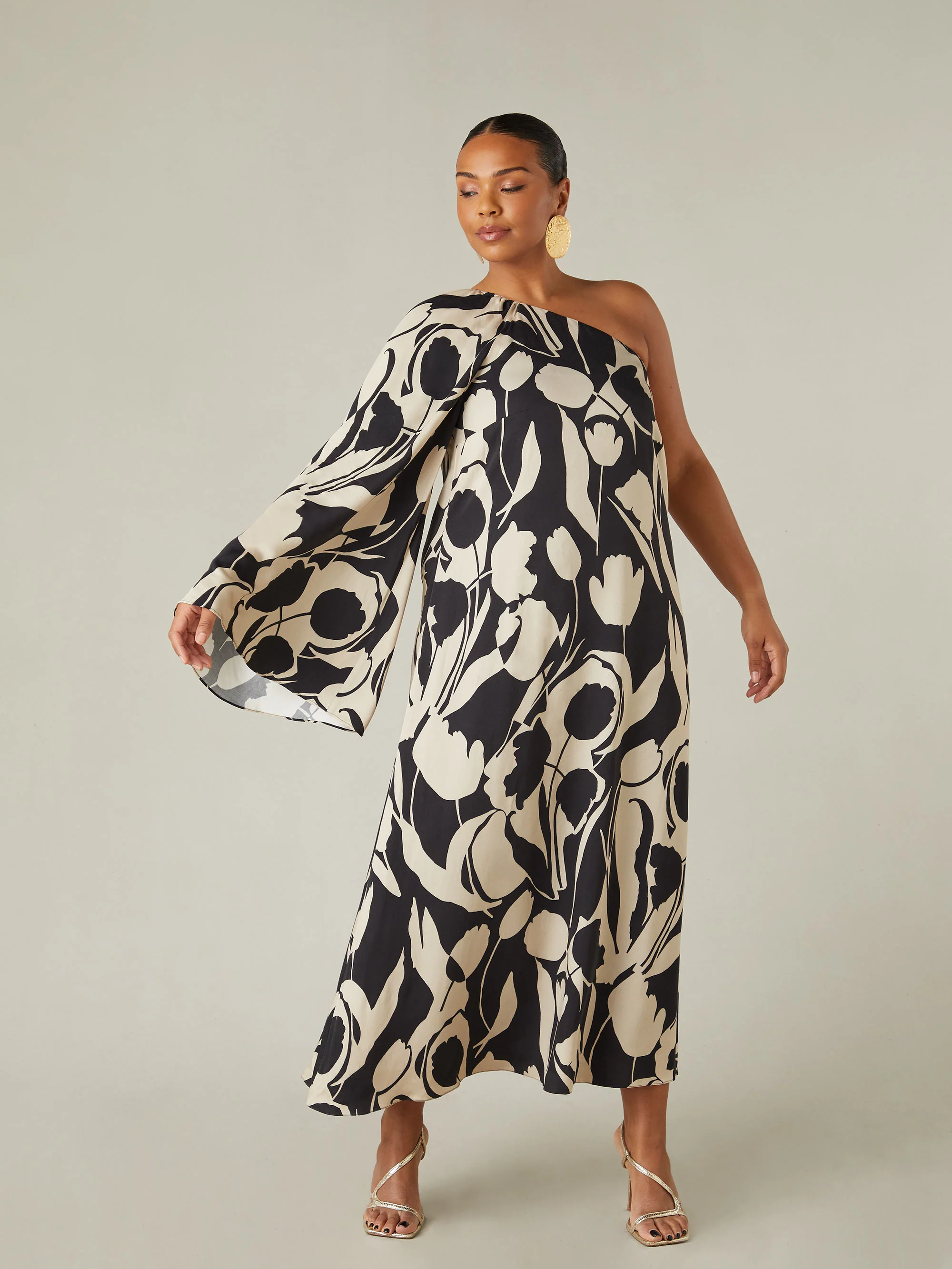 Mono Floral Print One Shoulder Maxi Dress - Image 3